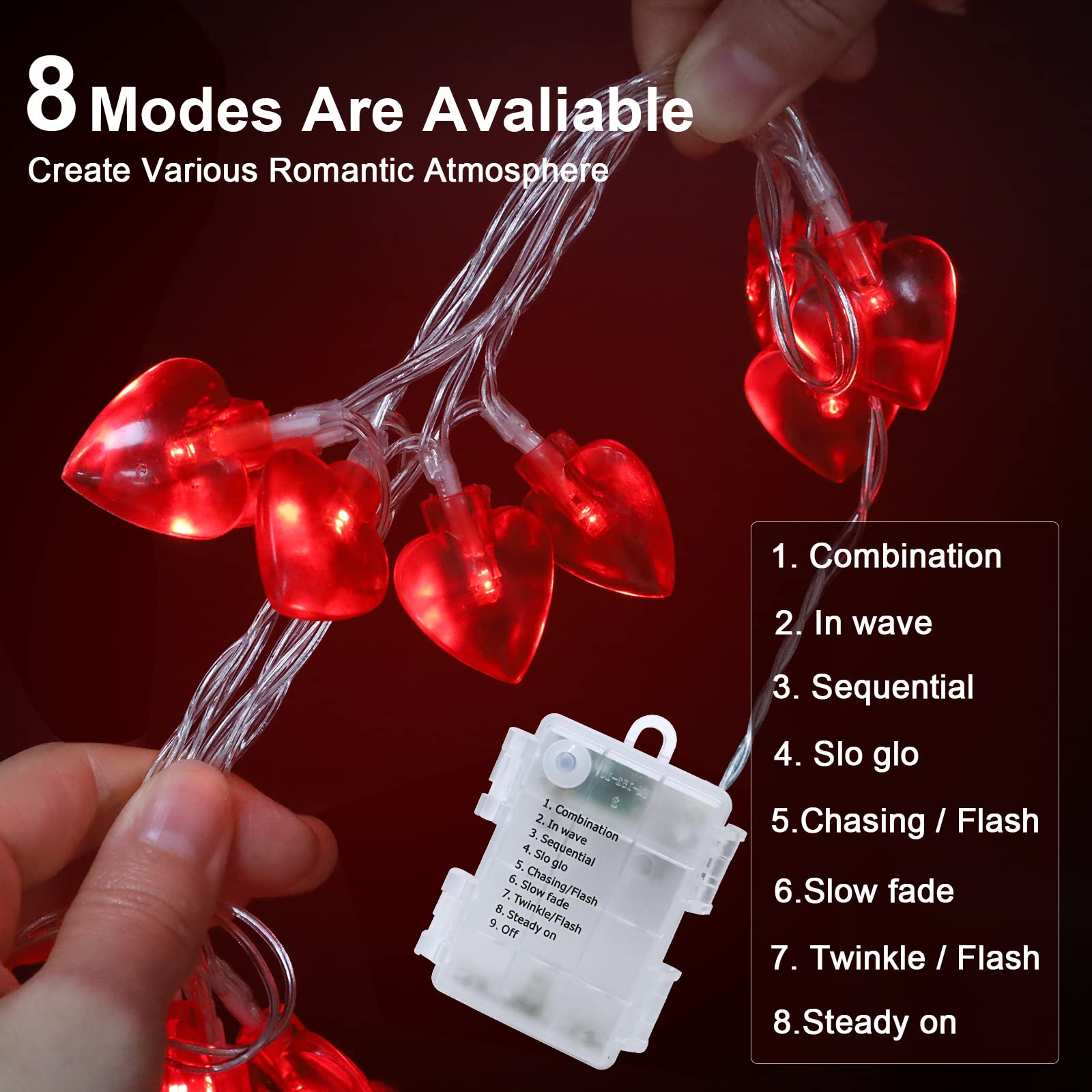 Valentine's Day Heart String Lights - 14.5ft 40LED Battery Operated Fairy Lights with 8 Modes, Romantic Heart Shaped Lights for Indoor Outdoor Decor, Home, Wedding, Party, and Garden Lighting