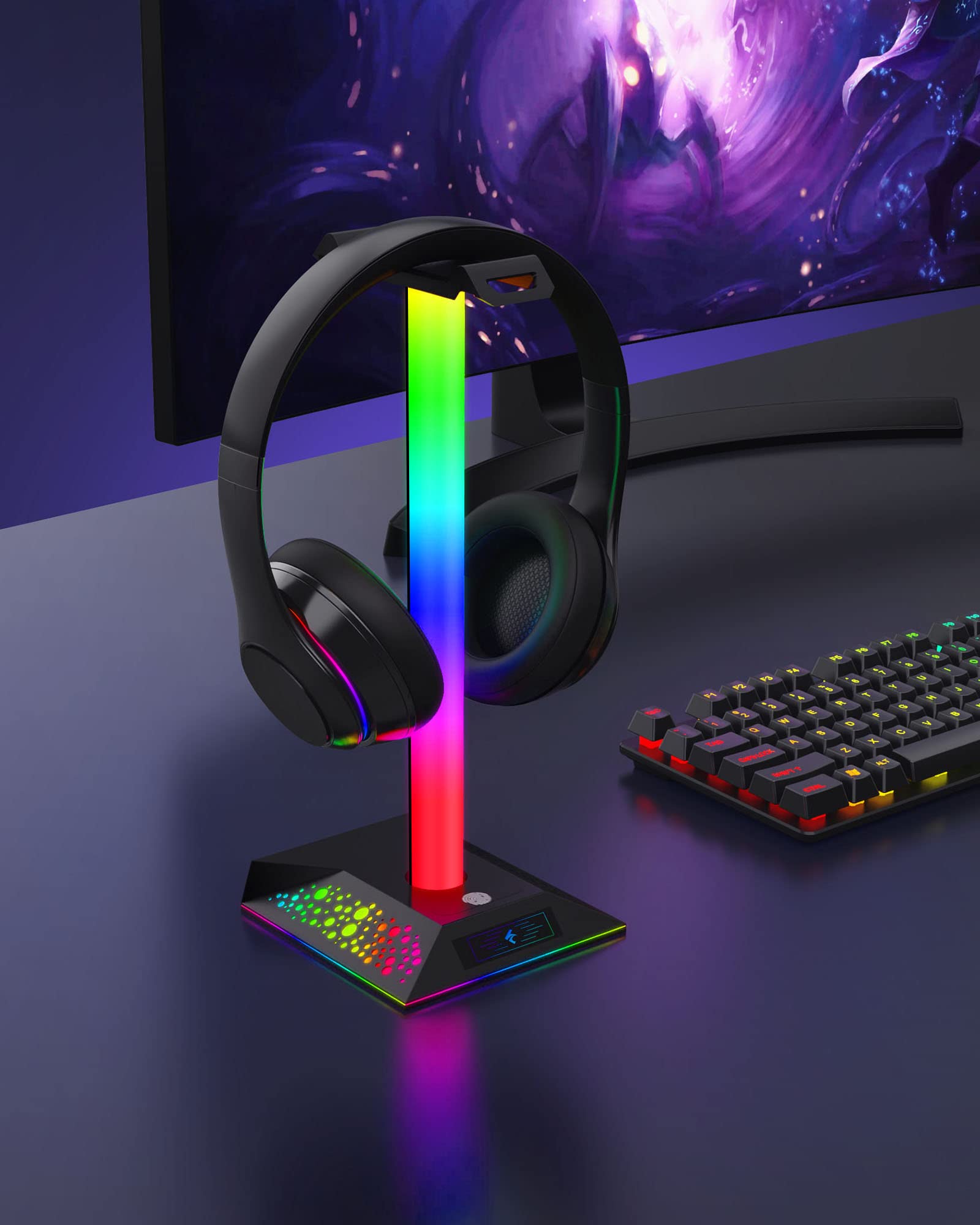 HCMan RGB LED Gaming Headset Stand with 2 USB Chargers - Premium Headphone Holder for PC Desk Accessories | Perfect for Gamers, Streamers & Home Office Setup