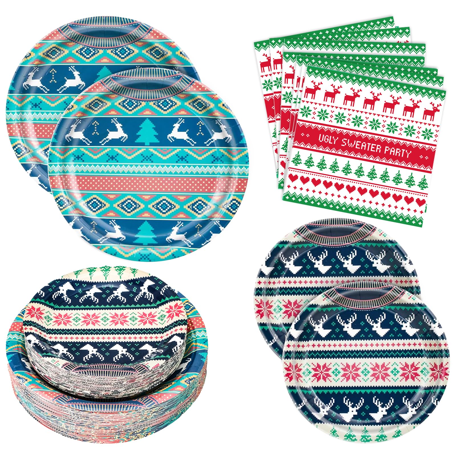 180-Piece Ugly Christmas Sweater Party Supplies Set - Serves 60 Guests | Christmas Paper Plates, Napkins & Dinnerware Kit for Holiday, Birthday & Xmas Celebrations | Includes Dinner Plates, Dessert Plates & Napkins | Perfect for Christmas Parties, Office Events & Family Gatherings