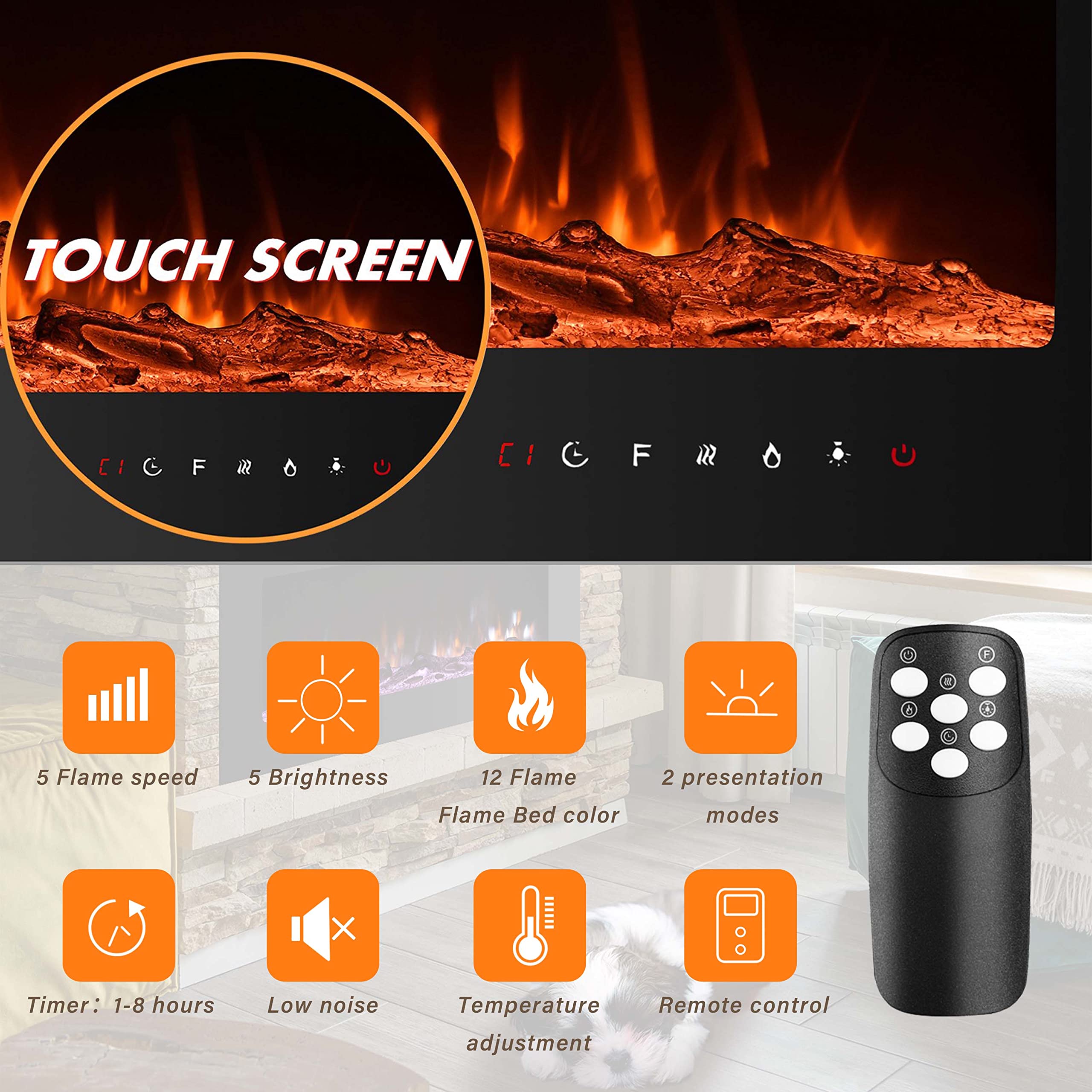 60 Inch Electric Fireplace Insert - Wall Mounted Fireplace with 12 Flame Colors, Remote Control & Timer - Perfect for Living Room, Bedroom, and Office Heating