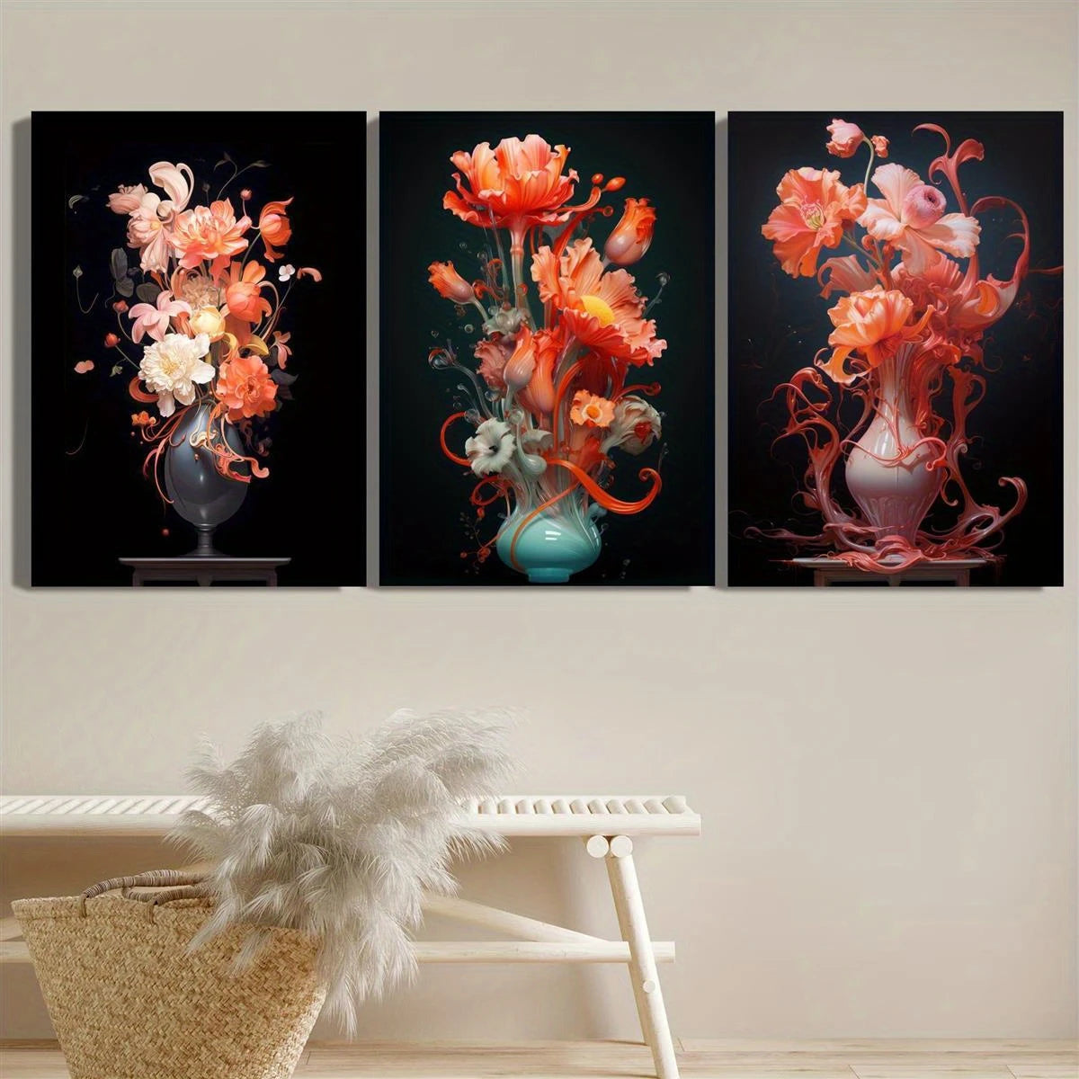 3-Piece Abstract Botanical Floral Vase Metal Wall Art - Ready to Hang Flower Prints for Home & Office Decor - Perfect for Living Room, Bedroom, or Gift Giving