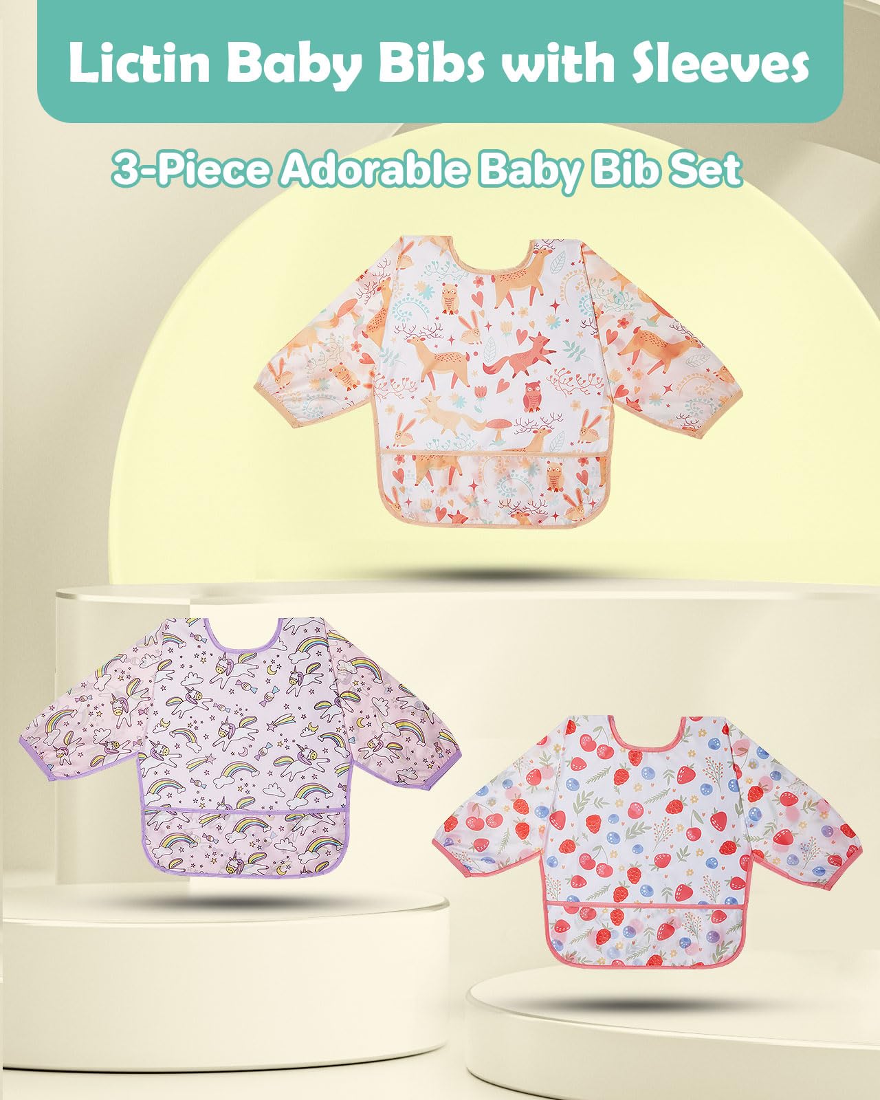 Lictin 3 Pack Baby Bibs for Boys & Girls - Waterproof Long Sleeve Toddler Bibs with Cute Designs - Perfect for Feeding, Mealtime & Messy Play