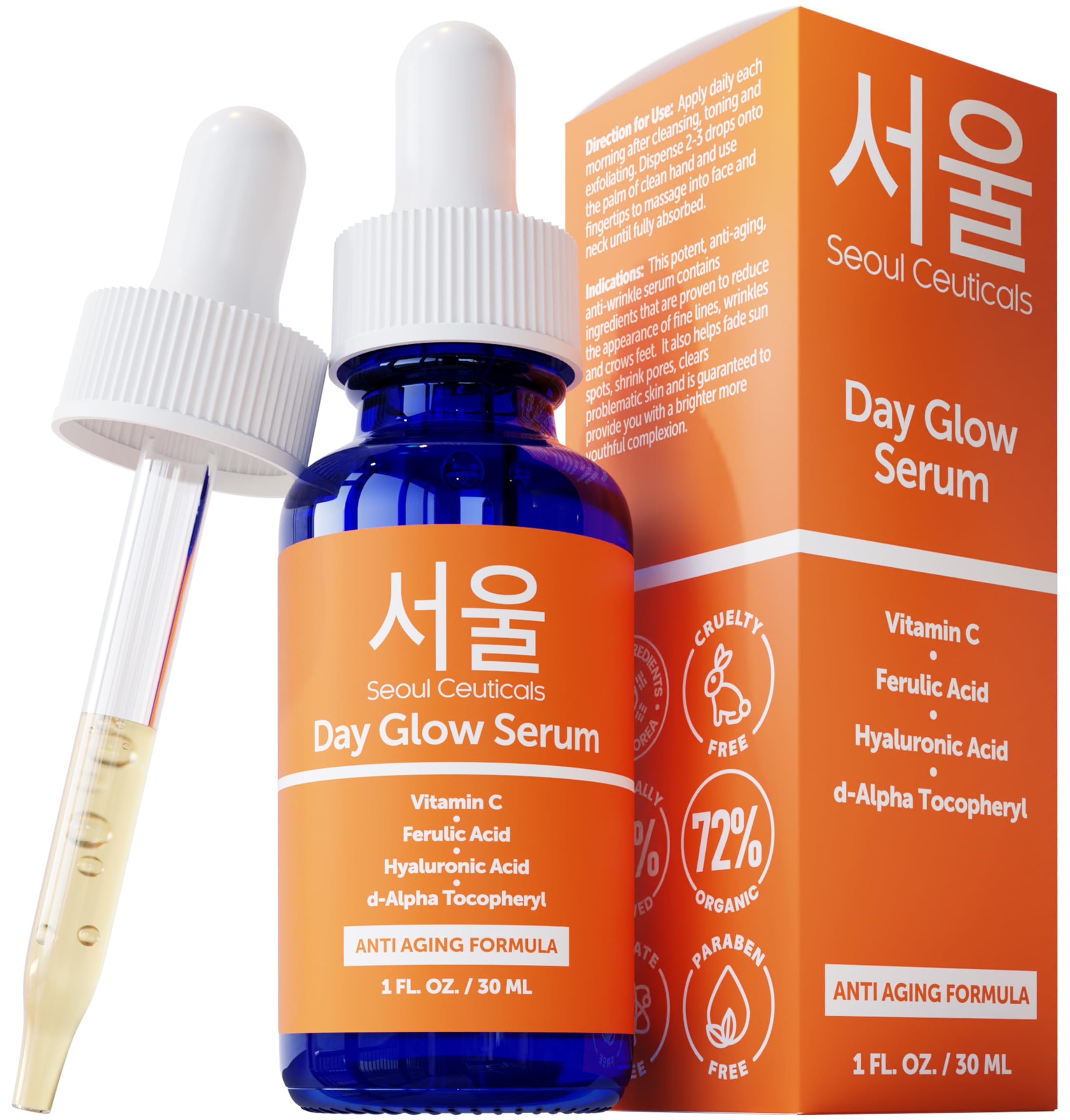 SeoulCeuticals 20% Vitamin C Serum with Hyaluronic Acid & CE Ferulic Acid - Anti-Aging Korean Skin Care for Wrinkles, Brightening & Hydration - 1oz Korean Beauty Serum for Face, Day & Night Skincare Routine