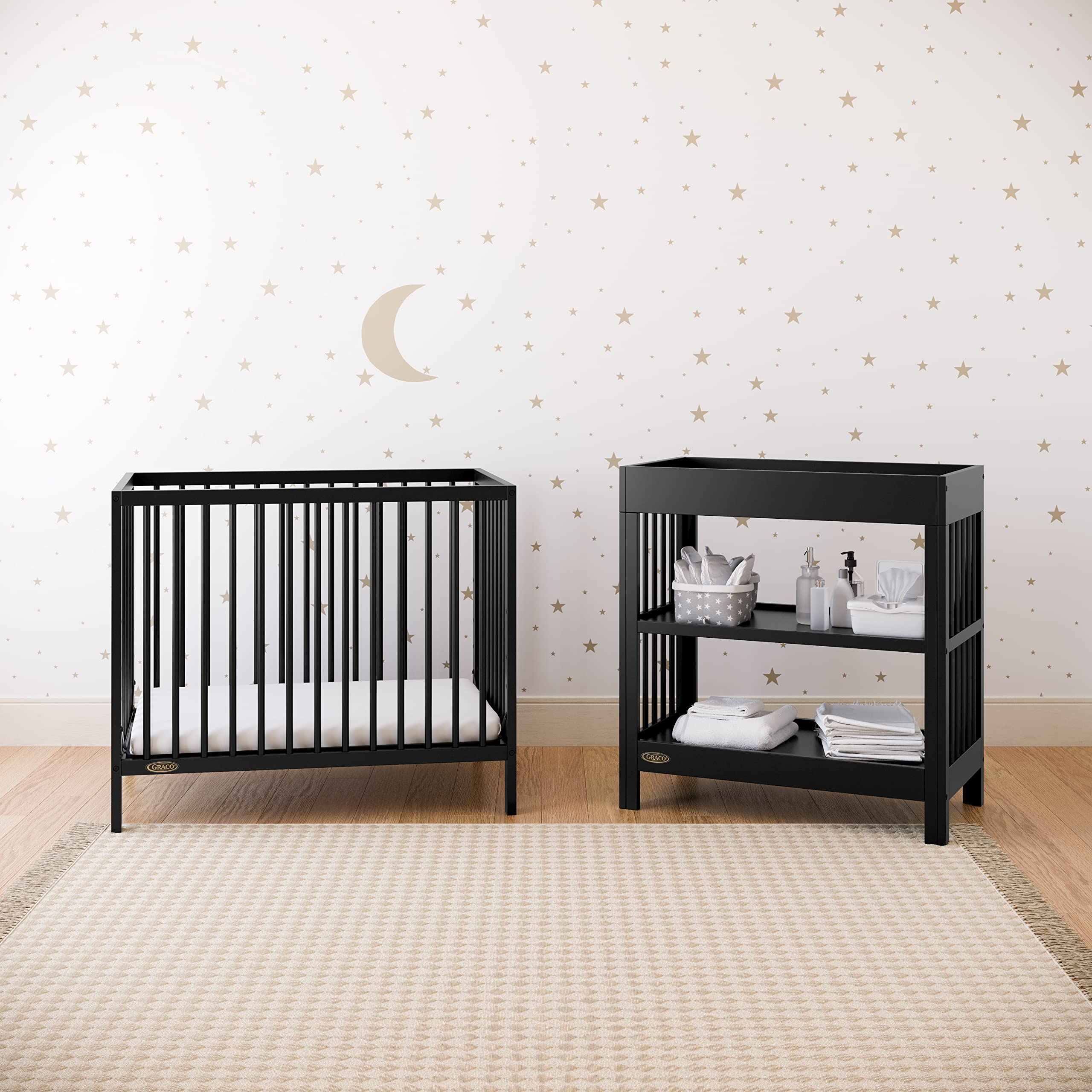 Graco Teddi 4-in-1 Convertible Mini Crib with Waterproof Mattress - GREENGUARD Gold Certified, Compact Nursery Bed for Small Spaces, Easy 30-Min Assembly (Black) | Perfect for Apartments, Daycares & Travel | Includes 2.75-Inch Mattress