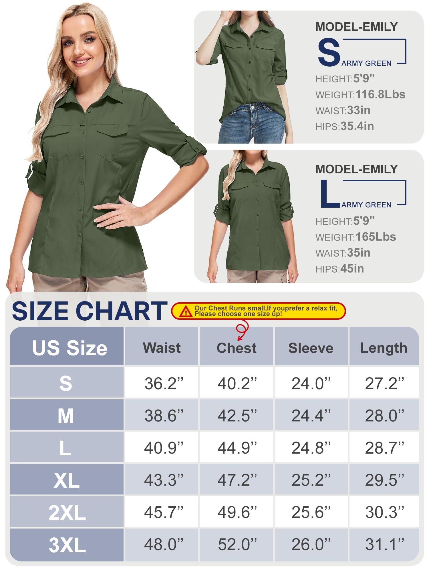 UPF50+ Sun Protection Fishing Shirts for Women & Men - Long Sleeve Travel & Safari Work Shirts with Zipper Pockets - Perfect for Outdoor Activities, Hiking, and Beach Vacations
