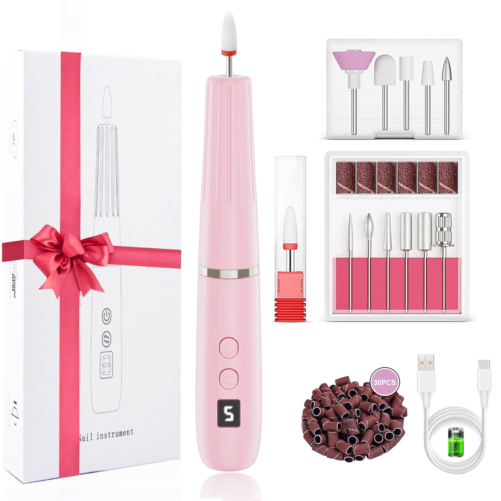 Professional Rechargeable Electric Nail Drill Kit - Cordless Nail Filer for Acrylic & Gel Nails | Manicure & Pedicure Set for Beginners & Professionals | Perfect for Home Salon, Nail Art & DIY Nail Care (Pink)