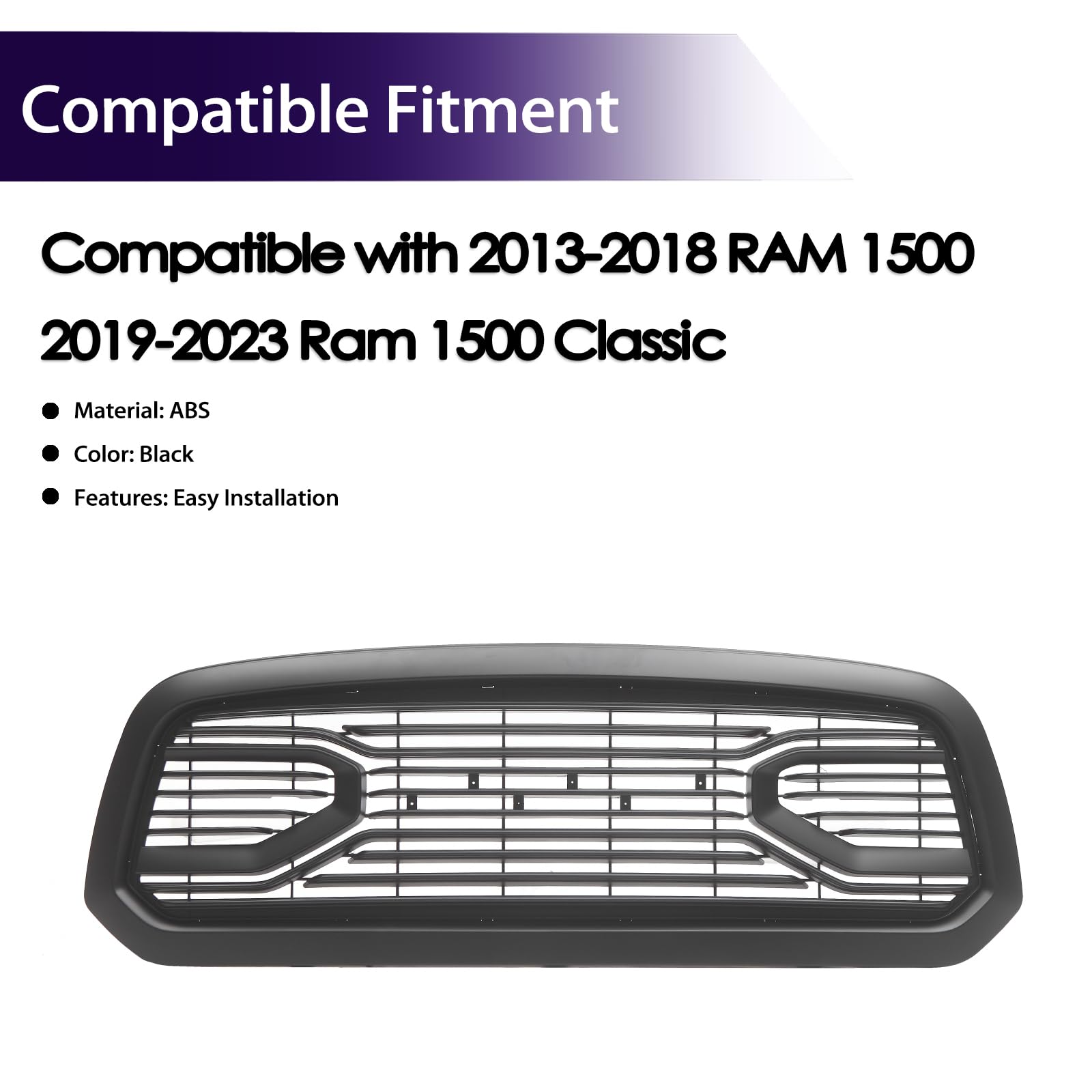 Replacement ABS Grille Compatible with 2013-2018 Ram 1500 Pickup Truck - Big Horn Style Matte Black Horizontal Grill with RAM Letters | Direct Fit Upgrade for Dodge Ram 1500 | Perfect for Off-Roading, Truck Customization & Car Shows