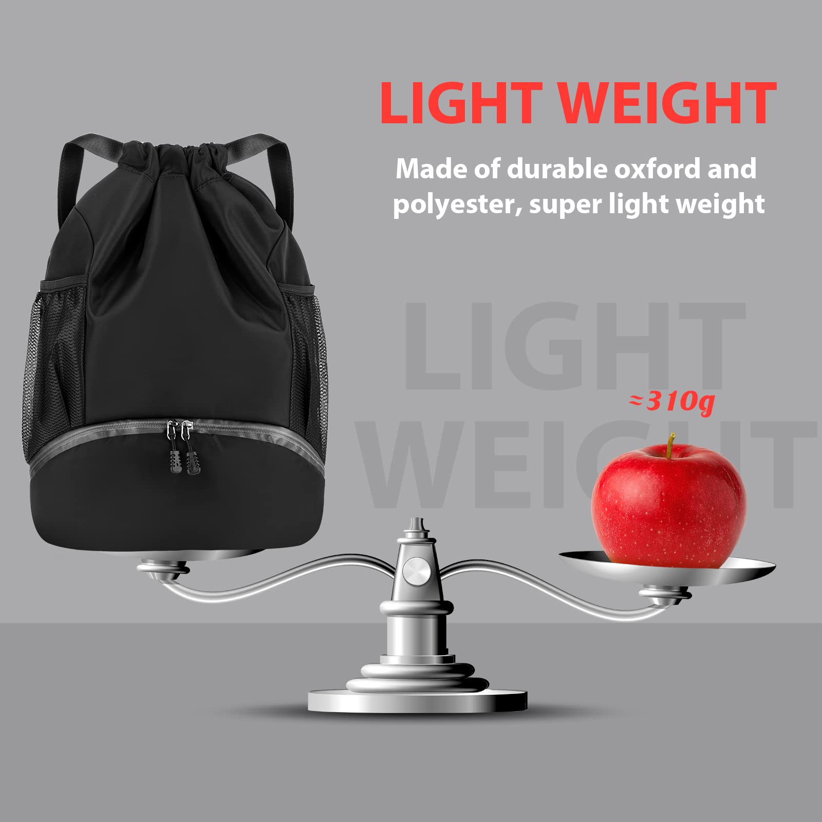 Photect Sports Drawstring Backpack - Soccer Basketball Football Bag with Compartment & Mesh Pockets - Perfect for Gym, School & Outdoor Activities