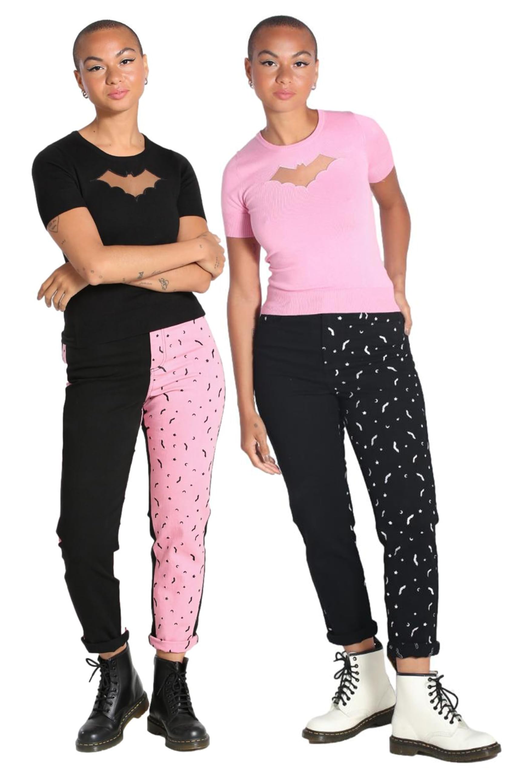Hell Bunny Bat Duo Denim Jeans - Pink & Black Half & Half Stretch Skinny Jeans for Women | Gothic Halloween Outfit, Vintage Rockabilly Fashion, Retro Pinup Style