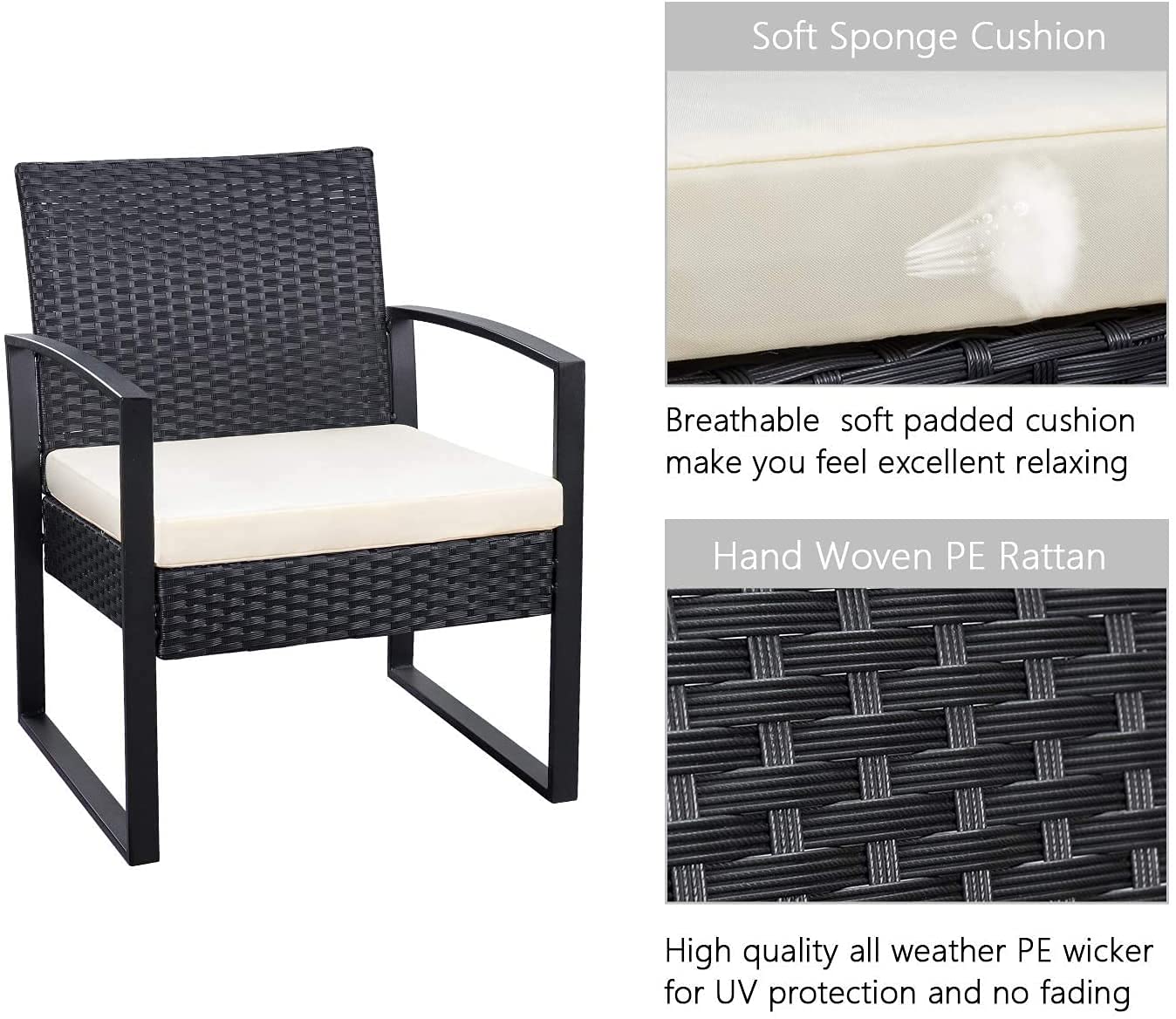 3-Piece Modern Bistro Set - All-Weather Rattan Patio Conversation Set with Coffee Table for Porch, Balcony, Backyard & Garden Outdoor Furniture (Black & White) - Perfect for Relaxing, Entertaining & Small Space Decor
