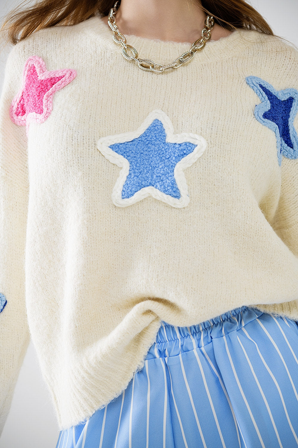 Embroidered Star Pullover Sweater - Women's Casual Knit Top for Fall & Winter | Cozy Office Wear & Weekend Outfits
