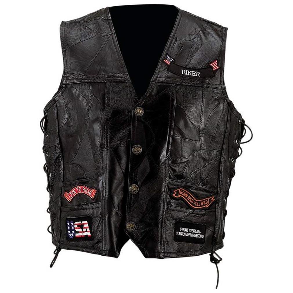 Genuine Leather Diamond Plate Motorcycle Vest with 14 Embroidered Patches - Biker Jacket for Men, Cruiser & Harley Davidson Riders - Perfect for Motorcycle Clubs, Rallies & Road Trips
