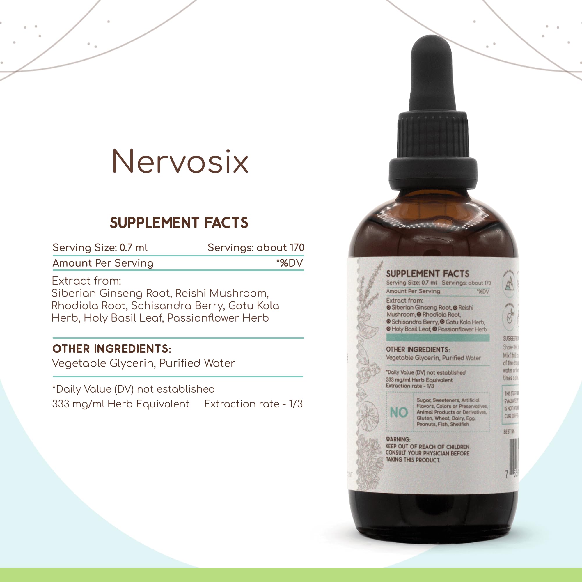 Nervosix B120 Alcohol-Free Herbal Extract Tincture - Stress Relief & Focus Support with Passionflower, Siberian Ginseng, Holy Basil, Reishi Mushroom, Rhodiola, Schisandra & Gotu Kola | 4 Fl Oz Liquid Drops | Perfect for Daily Relaxation & Mental Clarity