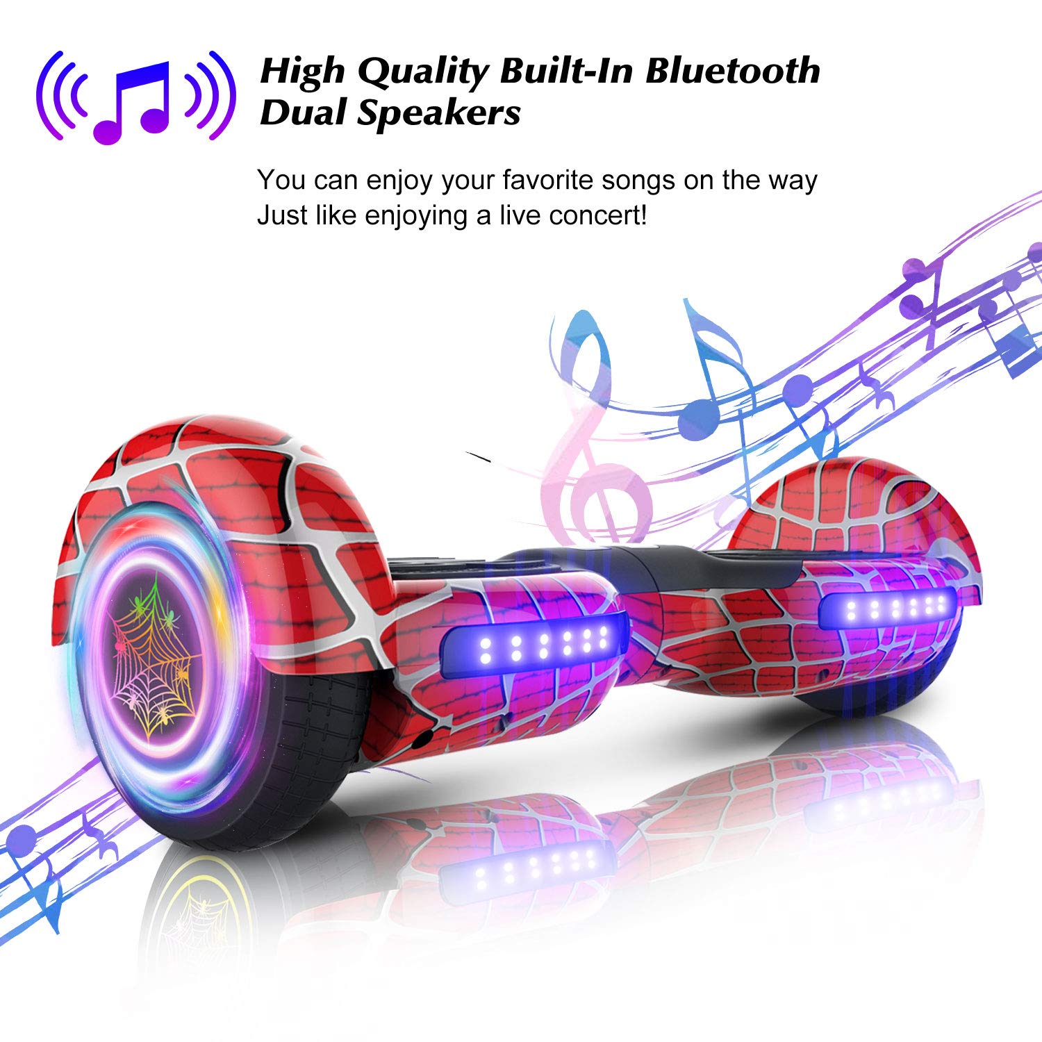 Spider-Pattern Hoverboard for Kids Ages 6-12 | Bluetooth Speaker & LED Lights | 6.5