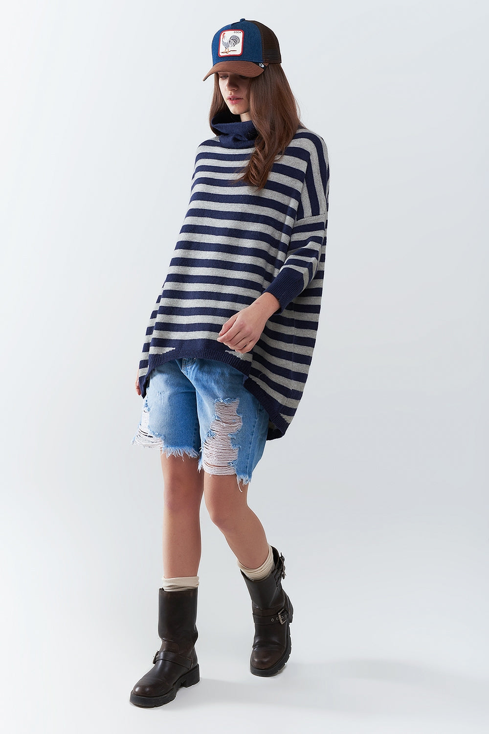 Oversized Batwing Sleeve High Neck Pullover Sweater in Navy Blue & Gray Stripes - Perfect for Casual Outfits, Layering, and Cold Weather Fashion