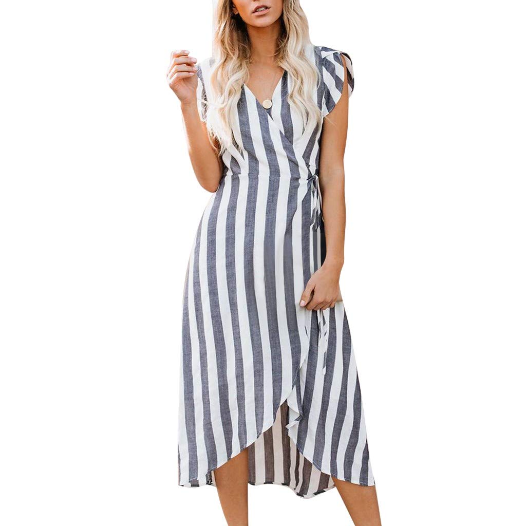Women's Casual Summer Dress - Striped Sleeveless Asymmetric Hem Flowy Pleated Strappy Sundress for Beach, Vacation & Outdoor Activities