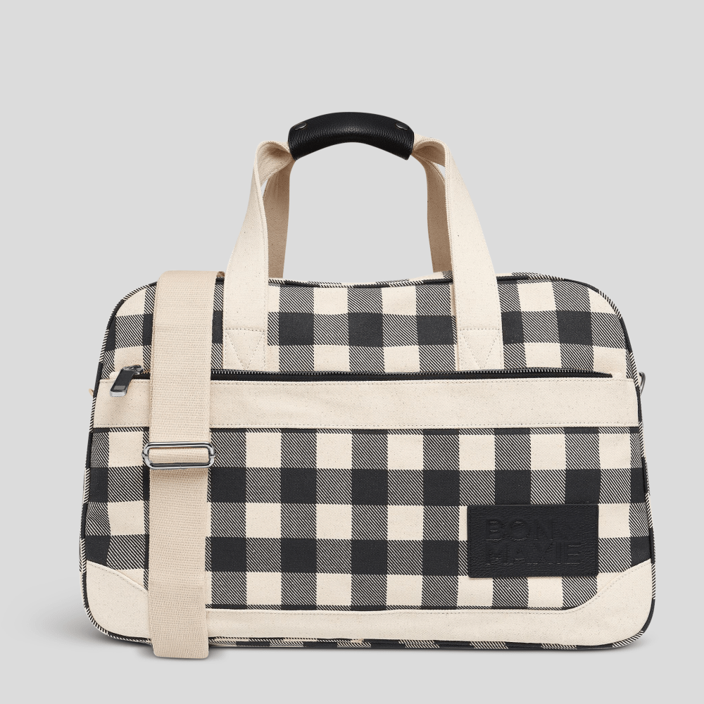 Bon Voyage Weekender Bag - Stylish Black Gingham Travel Duffel for Women & Men | Perfect Carry-On for Weekend Getaways, Gym, Work & Overnight Trips