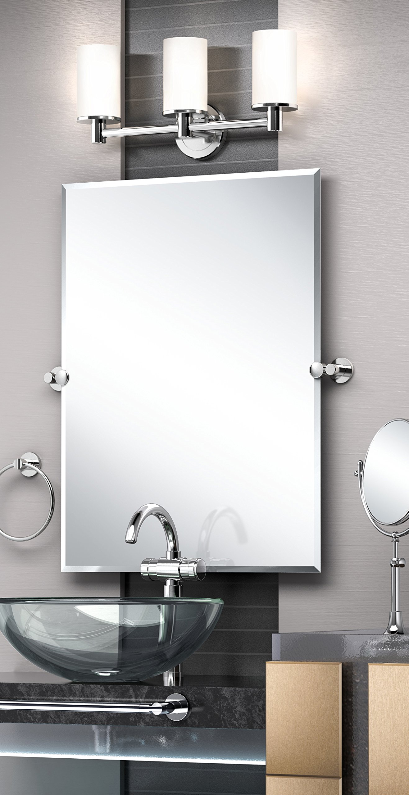 Gatco 4689LG 32-Inch Frameless Oval Bathroom Mirror - Chrome Wall Mount Beveled Tilting Vanity Mirror with Chrome Brackets for Modern Bathroom Decor