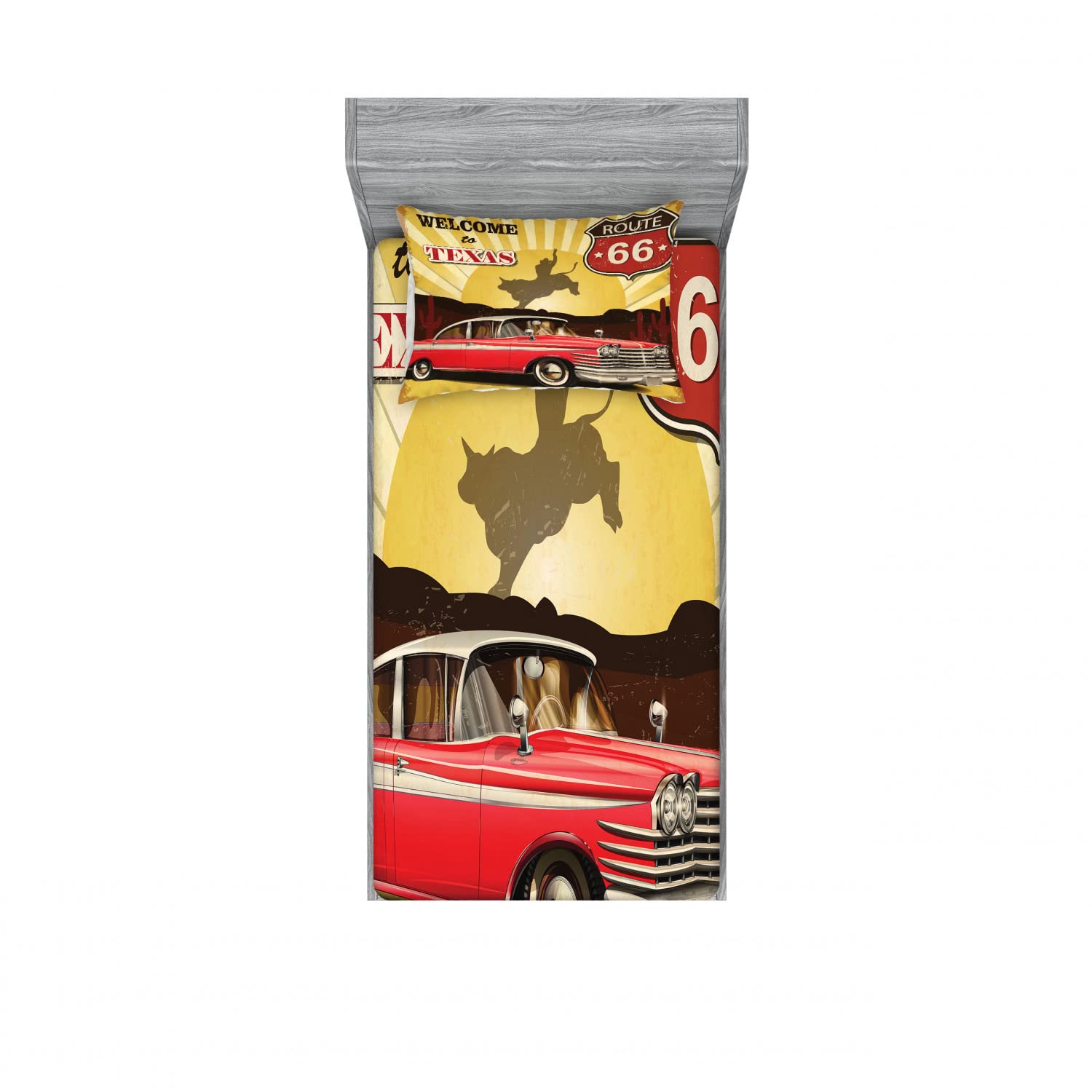 Ambesonne Western 2-Pack Twin Fitted Sheet & Pillow Sham Set - Texas Cowboy Theme, 4-Piece Bedding Decor (2 Fitted Sheets & 2 Pillow Covers) - Vibrant Multicolor for Ranch, Rodeo or Western-Themed Bedrooms