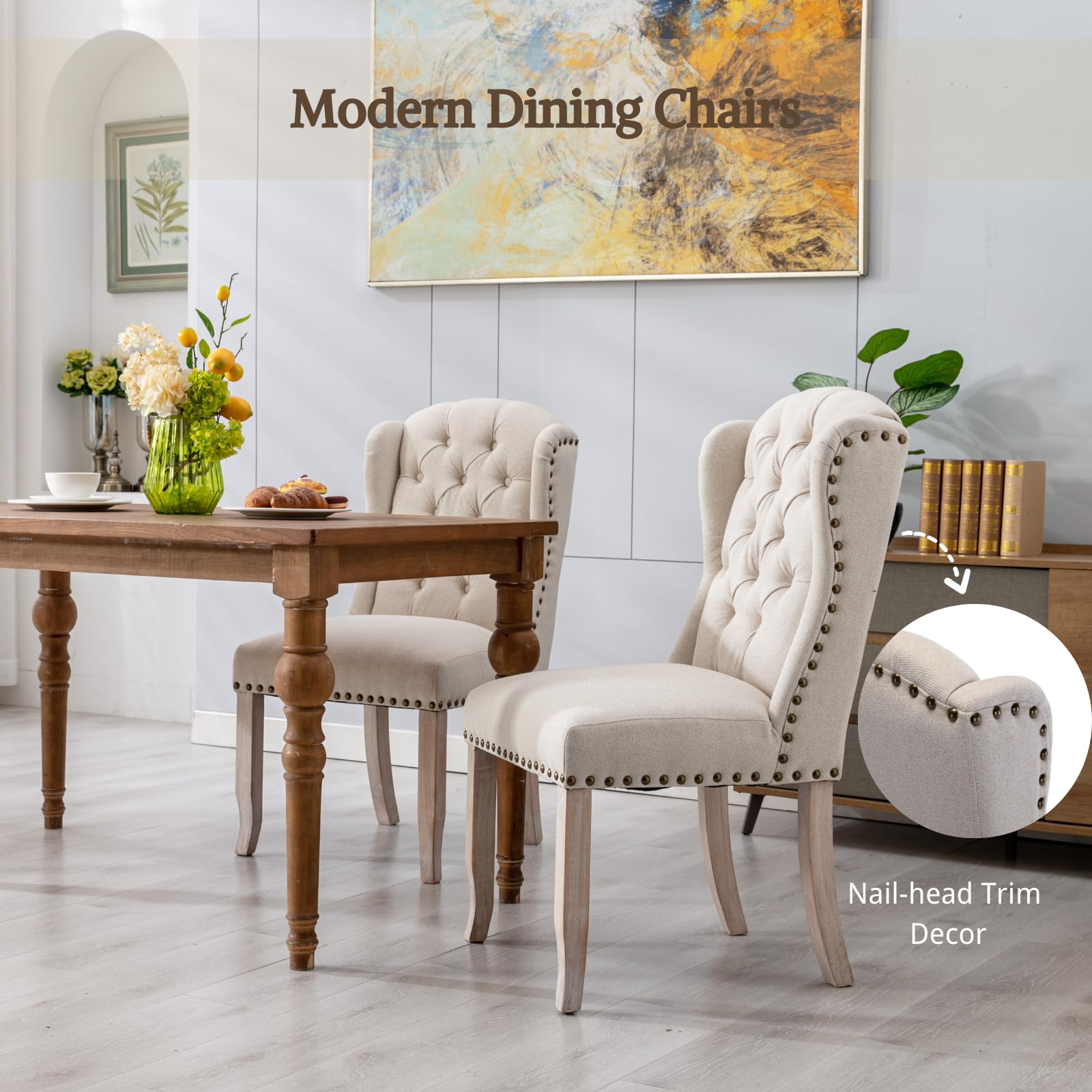 HEAH-YO Modern Dining Chairs Set of 2 - Linen Upholstered Tufted Chairs with Nailhead Trim & Wood Legs, Armless Guest Chairs for Dining Room, Living Room, Kitchen - Beige | Perfect for Home Decor, Entertaining Guests, and Everyday Comfort