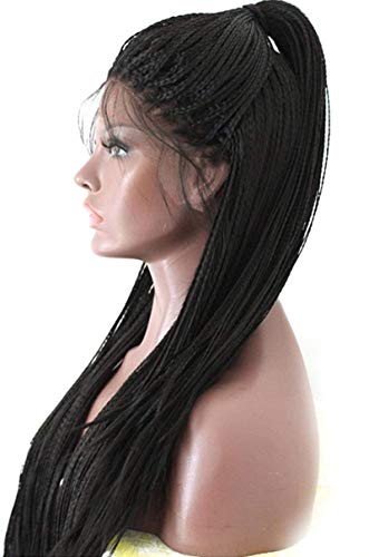 Premium Well Long Braided Wigs with Baby Hair | Free Part Black Color Micro Braids | Heat Resistant Synthetic Lace Wig | Perfect for Cosplay, Daily Wear & Protective Styling