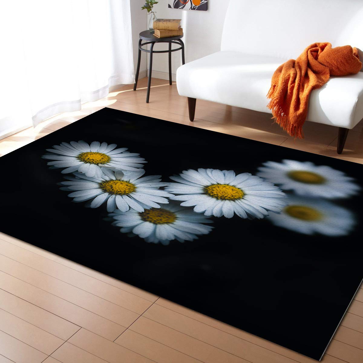 ARTSHOWING 5' x 8' Floral Non-Slip Area Rug - Waterproof Indoor Floor Mat with Anti-Fatigue Comfort, White & Black Daisy Pattern - Perfect for Living Room, Bedroom or Office Decor