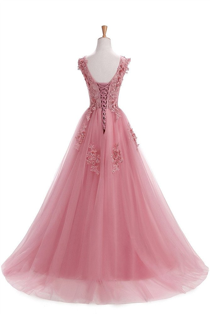 Elegant Women's Sweep Lace Appliques Scoop Neck Tulle A-Line Prom Dress for Homecoming, Wedding, and Formal Events