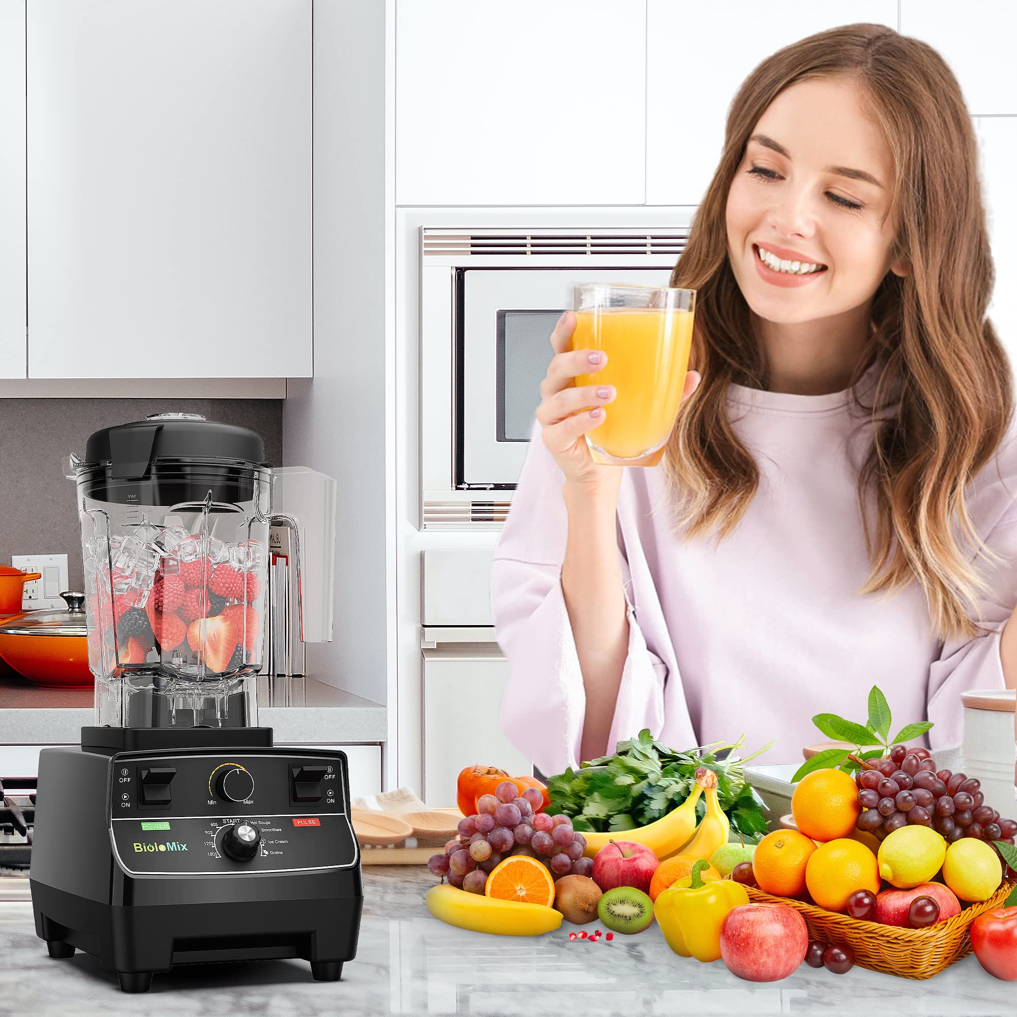 Biolomix 2200W High-Power Commercial Blender - 68oz Pitcher, Smart Presets for Smoothies, Ice Crushing, Soup & Frozen Desserts - Includes Juice Bottle - Perfect for Restaurants, Juice Bars & Home Kitchens