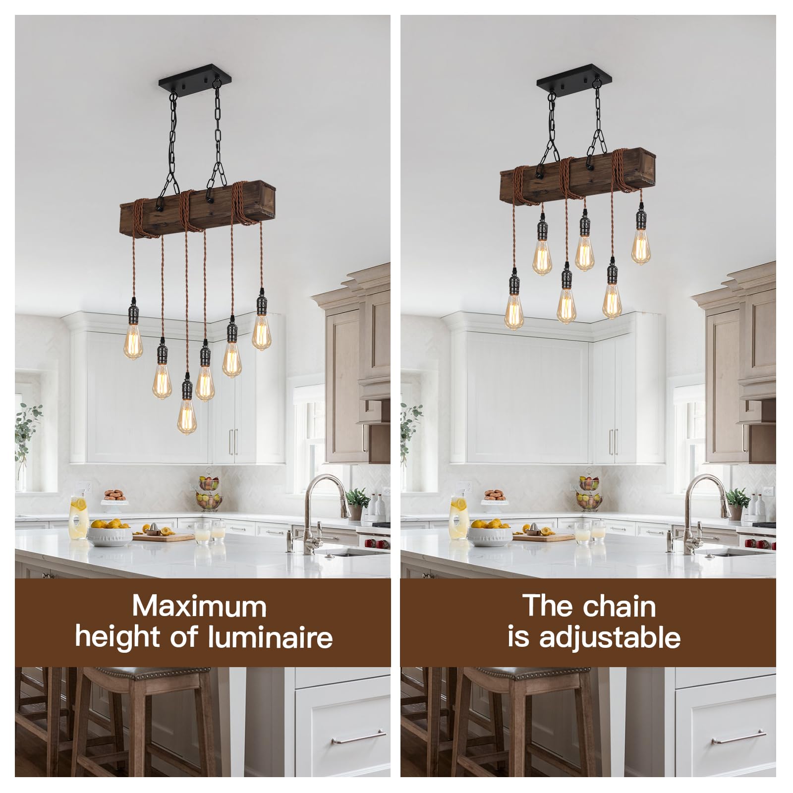 KEESFU 6-Light Farmhouse Wooden Chandelier - Adjustable Rustic Ceiling Pendant Light for Kitchen Island, Dining Room, Bar, Pool Table & Cabin - Perfect for Country Style Home Decor