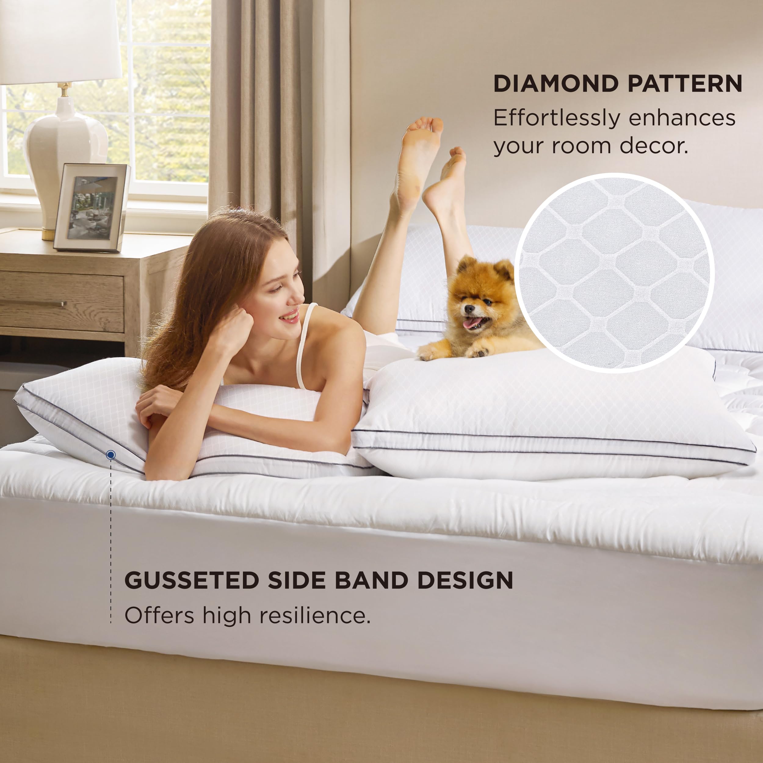 Bedsure Pillows Set of 2 - Fluffy Hotel Quality with Diamond Quilted Design for Back, Stomach & Side Sleepers - Perfect for Home & Travel