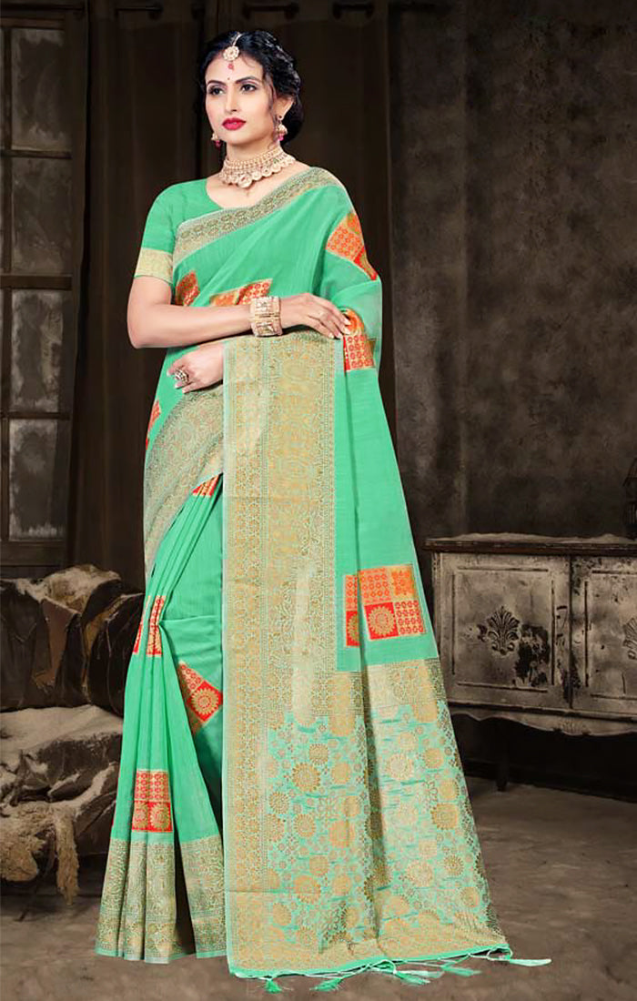 Elegant Green & Gold Silk Saree for Women | Designer Party & Casual Wear (D624) | Perfect for Weddings, Festivals & Special Occasions