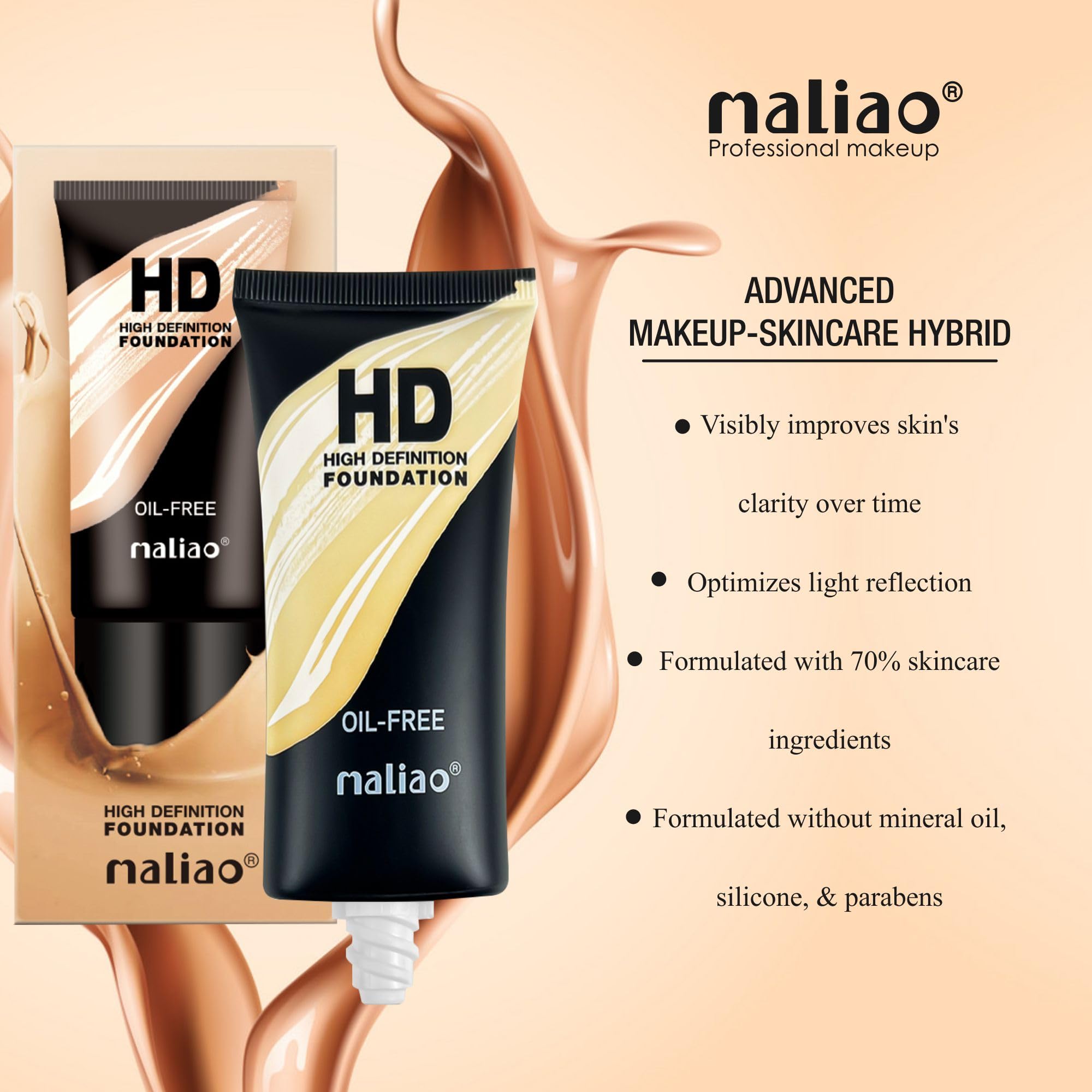 Maliao HD High Definition Oil-Free Foundation - Flawless Coverage, Matte Finish, Natural Beige | Long-Lasting Makeup for Oily Skin, Daily Wear & Special Occasions