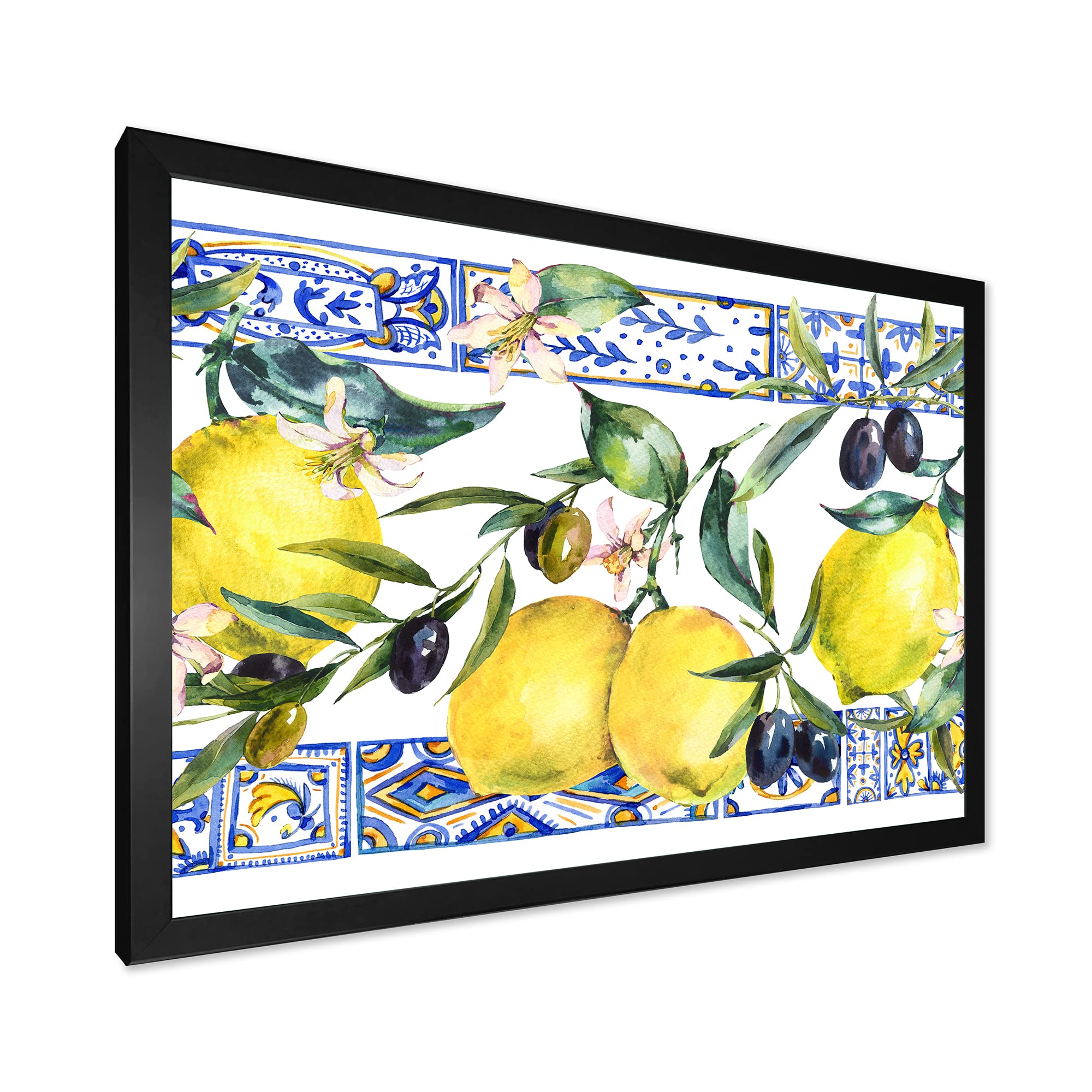DesignQ Lemon Ornament on Blue Geometric Pattern II Tropical Framed Wall Art - Perfect for Kitchen, Dining Room & Beach House Decor