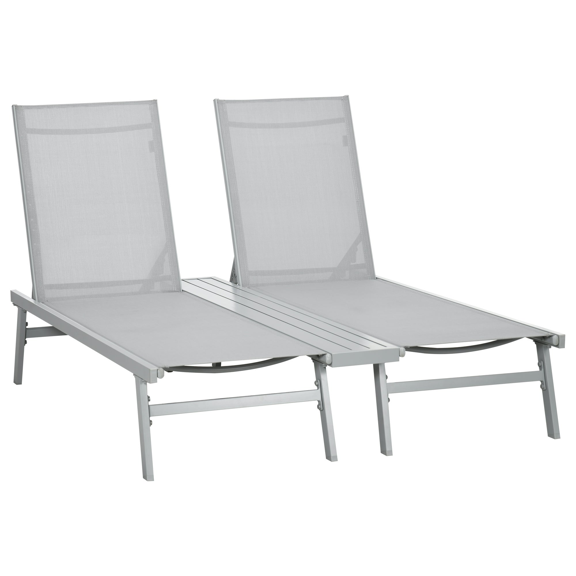 2-Pack Light Gray Aluminum Chaise Lounge Pool Chairs - 5-Position Reclining Outdoor Sunbathing Chairs with Storage Shelf & Breathable Mesh for Beach, Backyard, Patio, Garden Relaxation