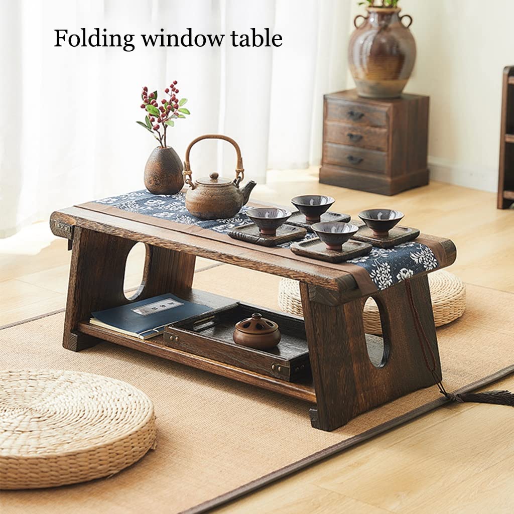 Foldable 2-Tier Coffee Table with Storage Shelf - Multi-Functional End Table for Living Room, Bedroom, or Office - Space-Saving Side Table (Brown, 23.6