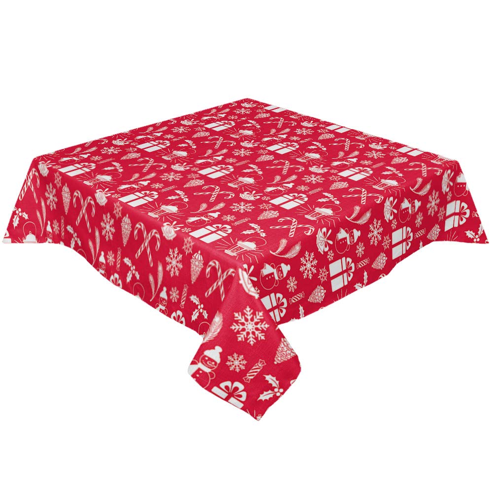 Spill-Proof Merry Christmas Rectangle Tablecloth - 53x53 Inch Linen Burlap Table Cover for Indoor & Outdoor Holiday Decor | Xmas Ornament Gift Box Design in Red & White | Perfect for Christmas Dinner, Party Decorations & Festive Home Decor