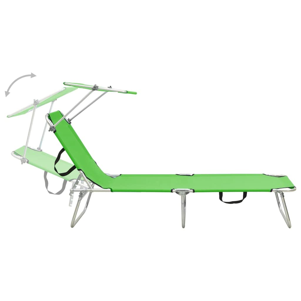 Portable Folding Sun Lounger with Adjustable Backrest & Canopy - Beach Chair, Patio Lounge, Poolside Furniture for Outdoor Relaxation in Yard, Balcony or Vacation | Durable Steel Frame in Apple Green