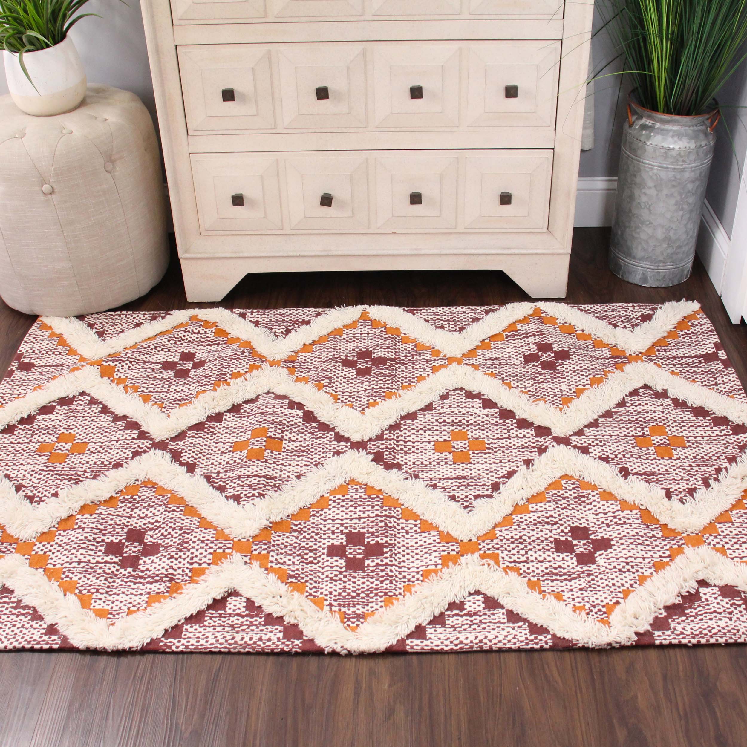 Hand Tufted Cotton Wool Geometric Farmhouse Area Rug - Soft Textured Boho Chic Rug for Living Room, Bedroom, Dining Room Decor