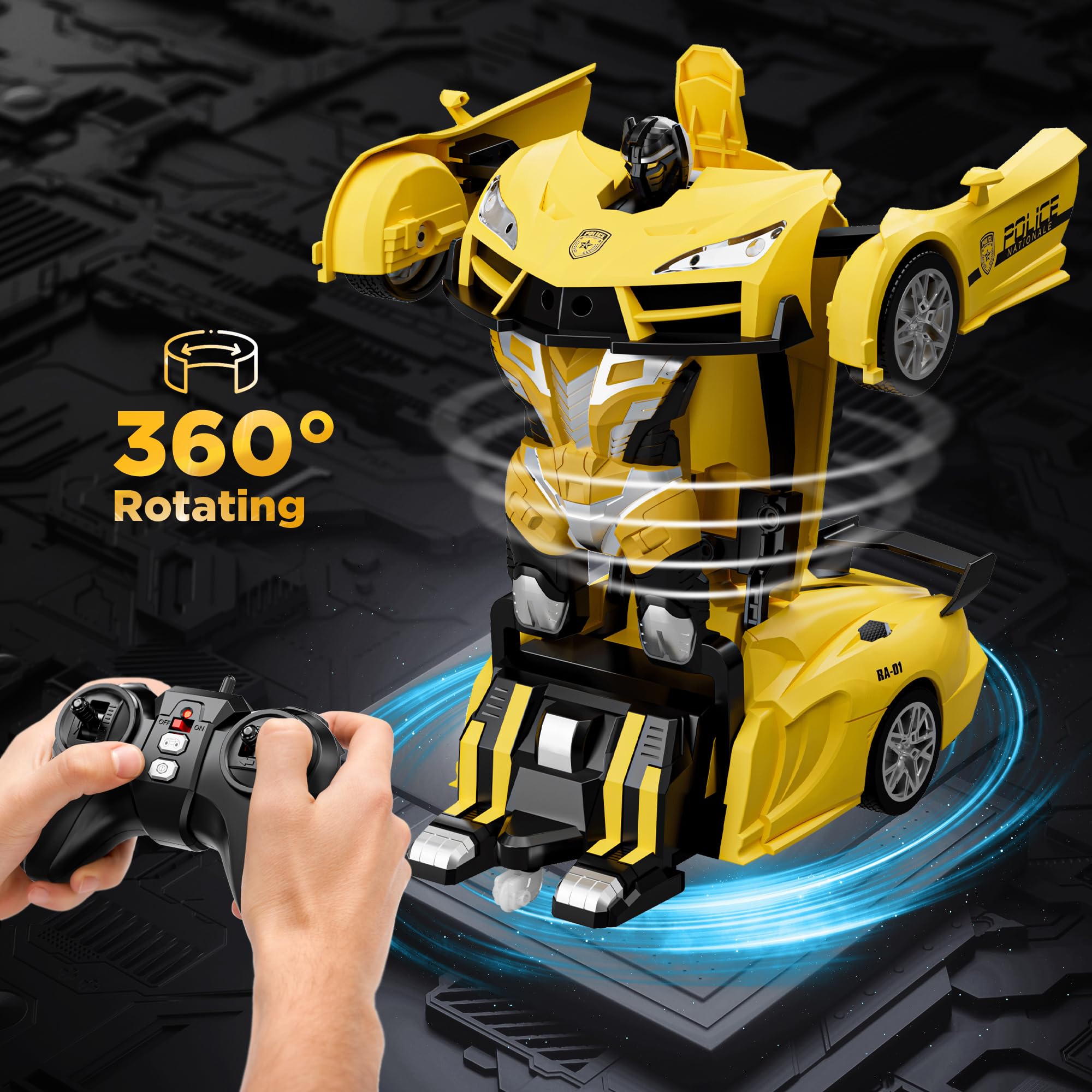 2.4Ghz Remote Control Car - 1:18 Scale Transforming Robot Police Toy with One-Button Deformation & 360° Rotation for Kids Ages 4-12 | Interactive RC Toy for Boys & Girls (Yellow) | Perfect for Indoor Play, Birthday Gifts & STEM Learning