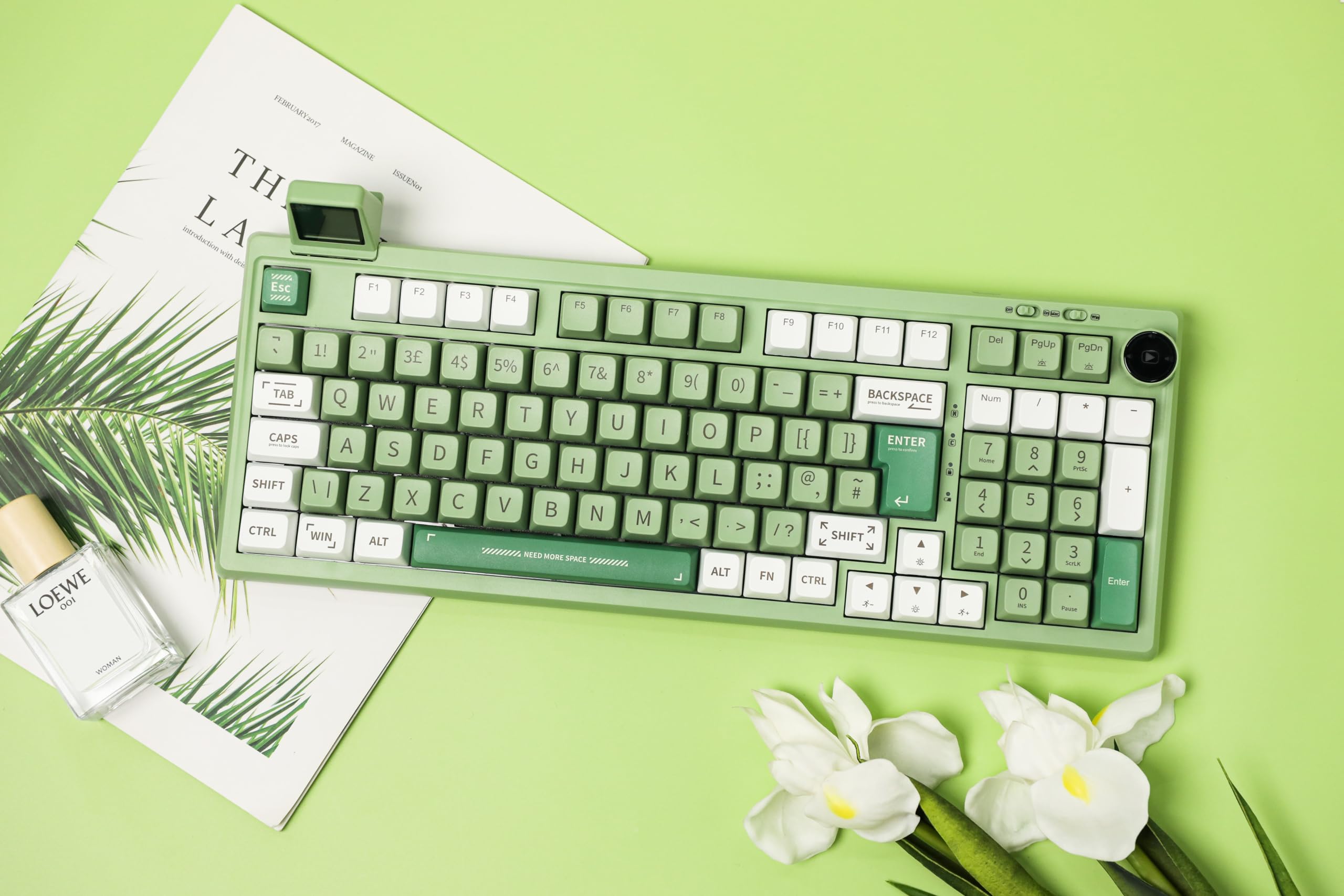 EPOMAKER RT100 97-Key ISO UK Layout Mechanical Gaming Keyboard - Customizable Mini Screen & Knob, Gasket Mount, 3-Mode Connectivity (Bluetooth 5.0/2.4GHz/USB-C), Hot-Swappable Switches (Green Wisteria Linear) - Perfect for PC Gaming, Office Work & Typing Enthusiasts