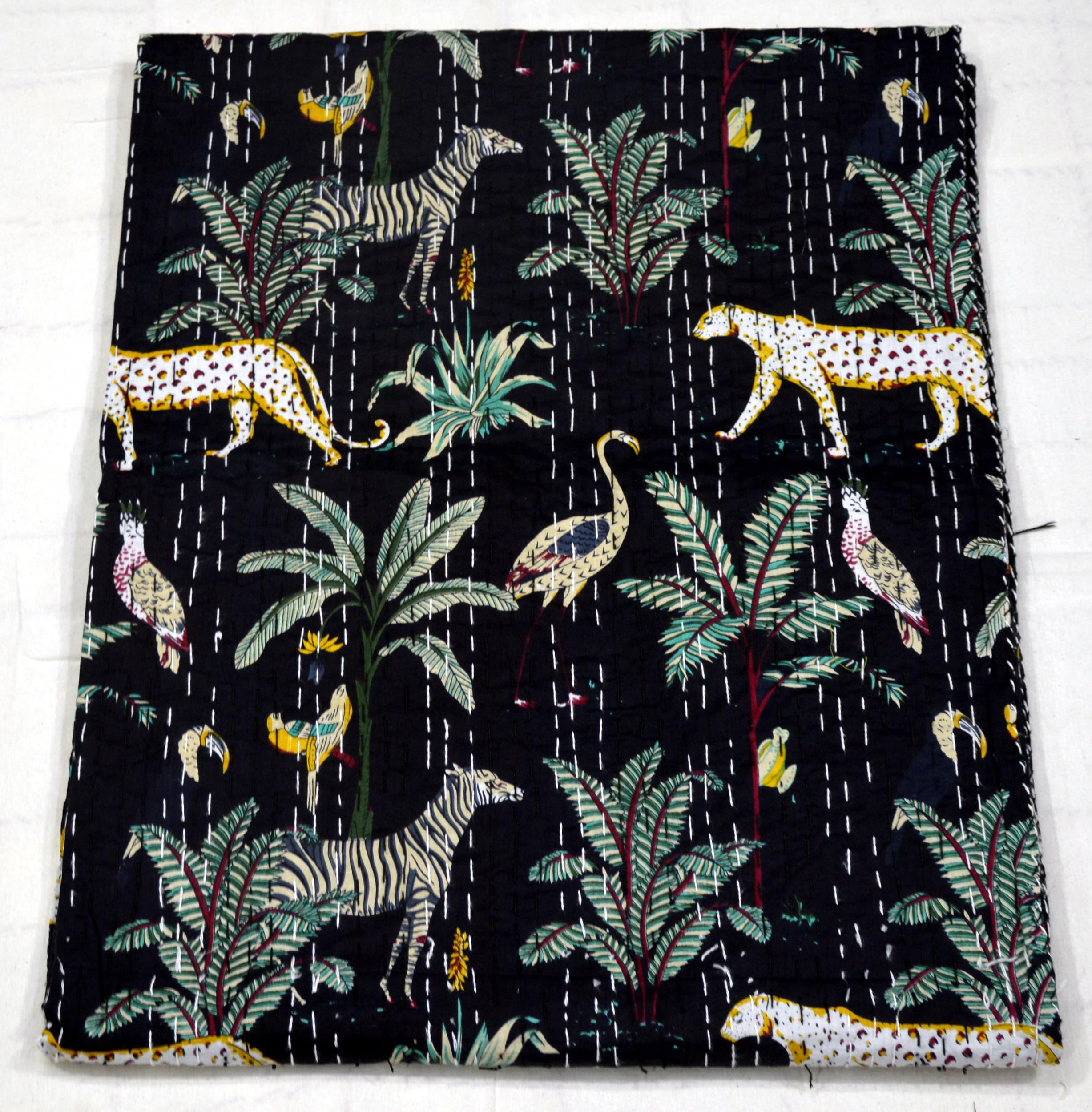 Handmade Indian Cotton Kantha Quilt - Lightweight Vintage Bedspread, King Size Black Hippie Bedding | Perfect for Boho Home Decor, Guest Room & Cozy Bedroom Retreat