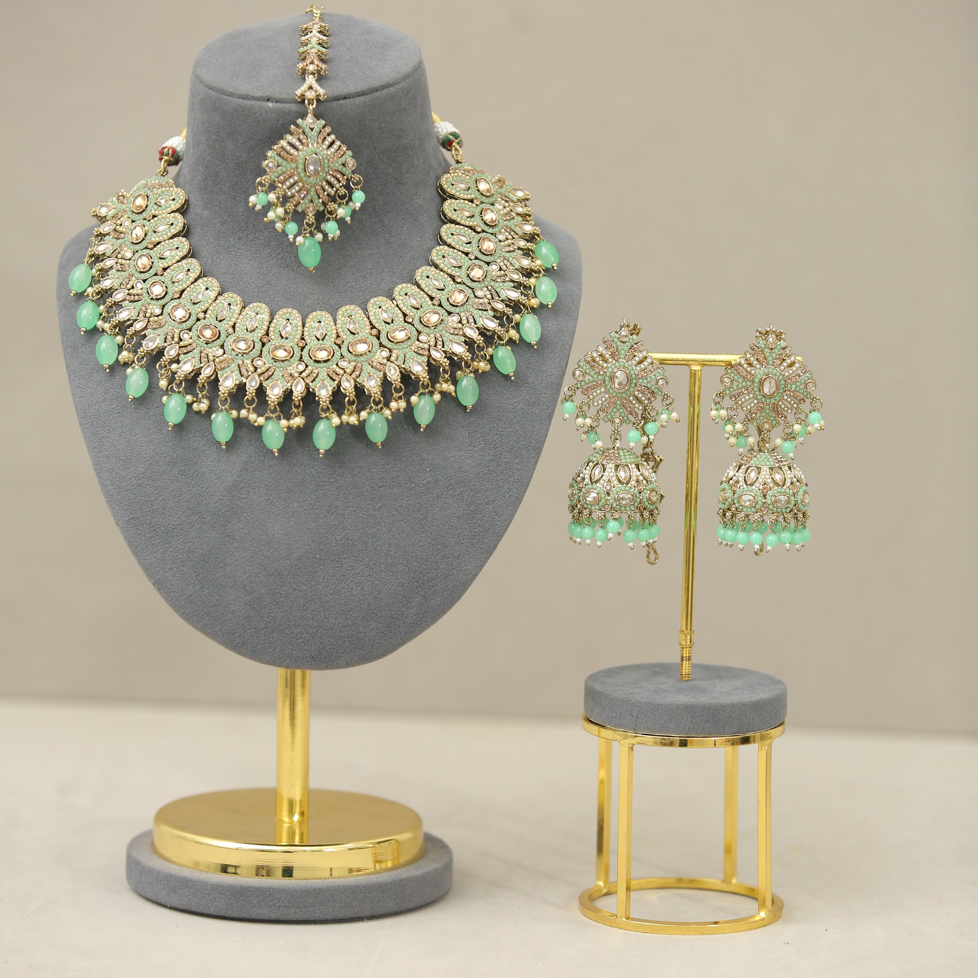 Hemani Polki and Stone Jewelry Set with Tikka - Traditional Indian Bridal Necklace, Earrings, and Hair Accessory for Weddings, Festivals, and Special Occasions