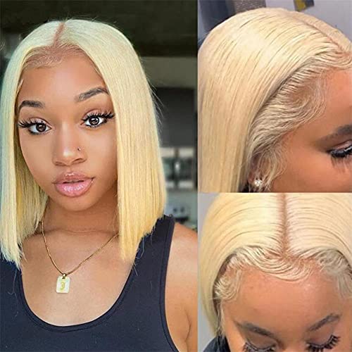 613 Blonde Short Bob Wigs - Lace Front Human Hair Wigs Pre Plucked Brazilian Straight Wigs for Black Women - Remy Ali Pearl Hair Wigs (12inch) - Perfect for Cosplay, Daily Wear & Special Occasions
