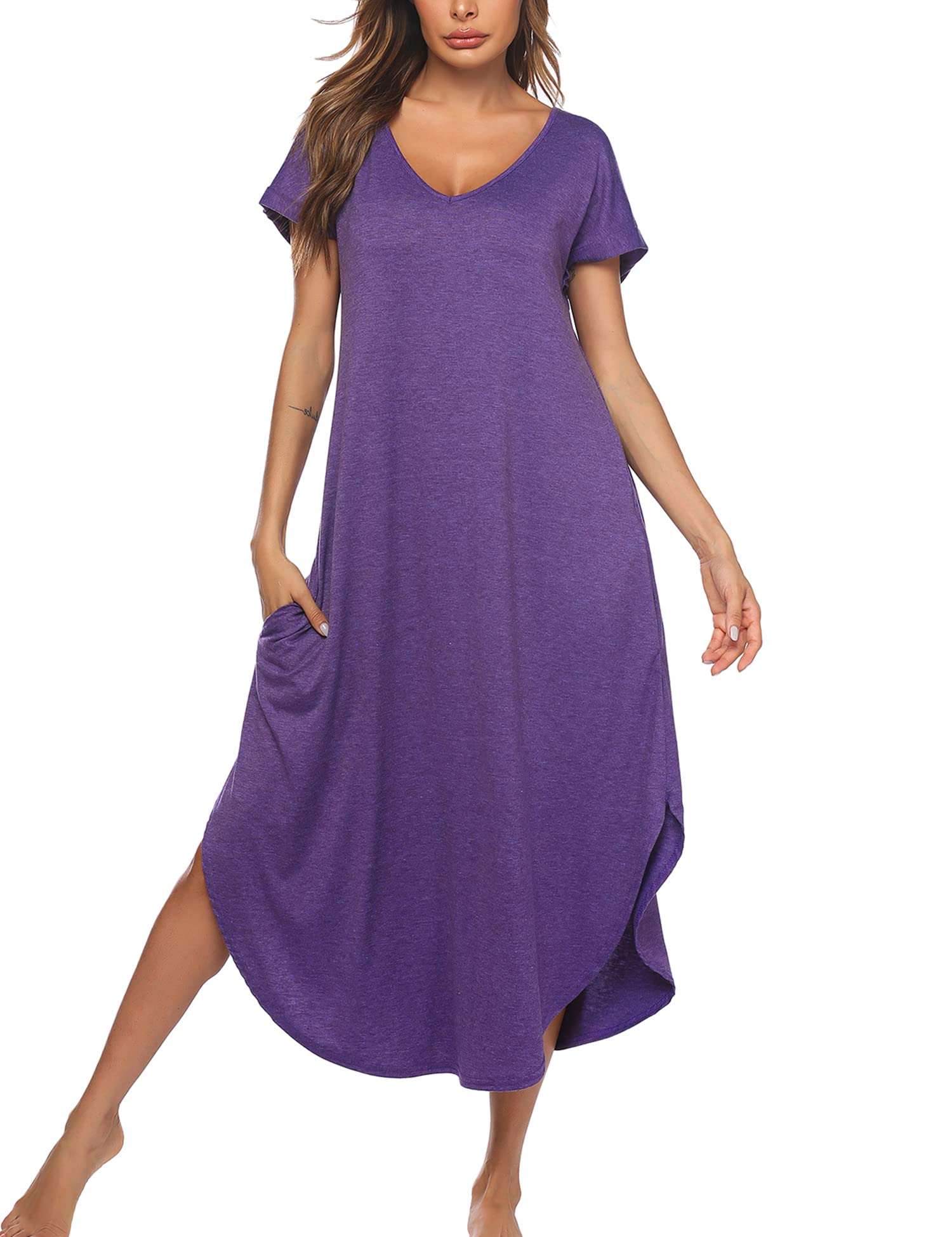 Ekouaer Women's V-Neck Nightgown - Soft Short Sleeve Sleepwear with Side Split Pockets, Comfortable Long Nightdress Sizes S-3XL for Lounge, Sleep & Relaxation at Home