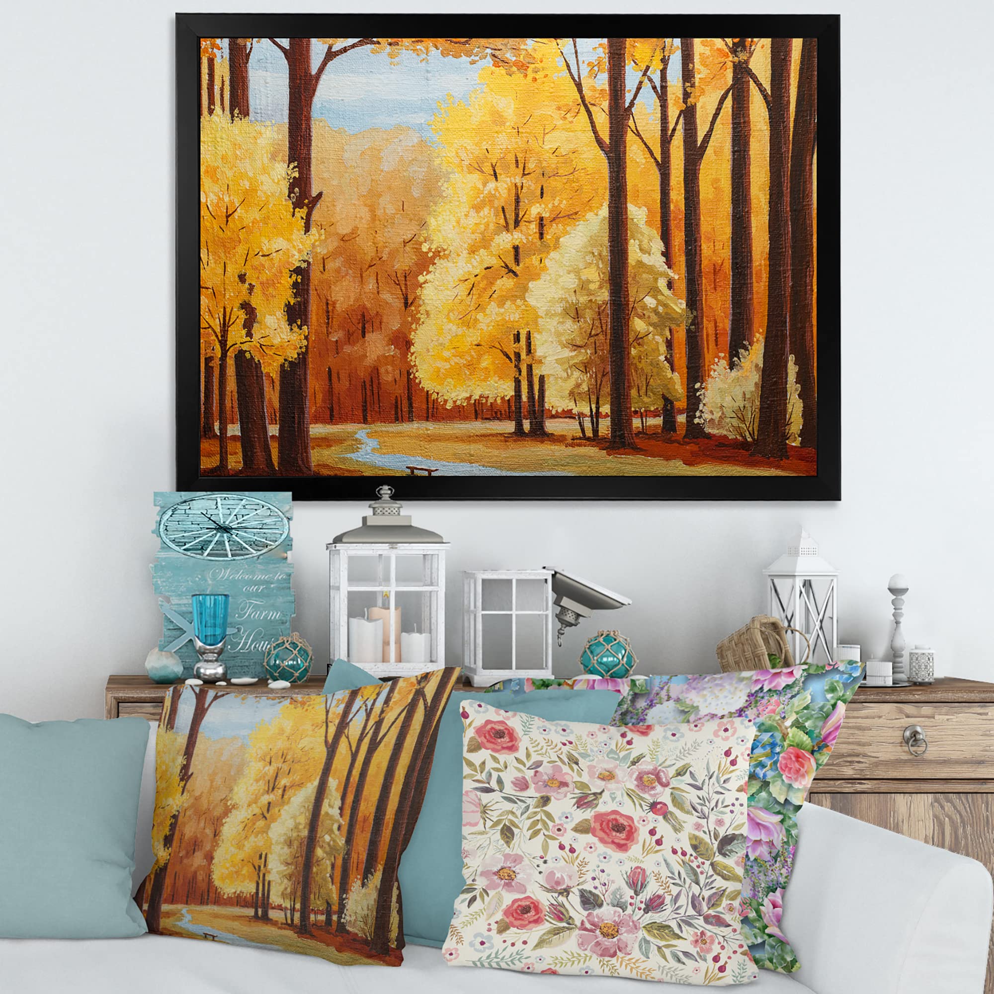 DesignQ Orange Autumn Trees At Dawn Farmhouse Framed Wall Art - Rustic Landscape Painting for Living Room, Bedroom & Office Decor - Perfect Gift for Housewarming & Holidays