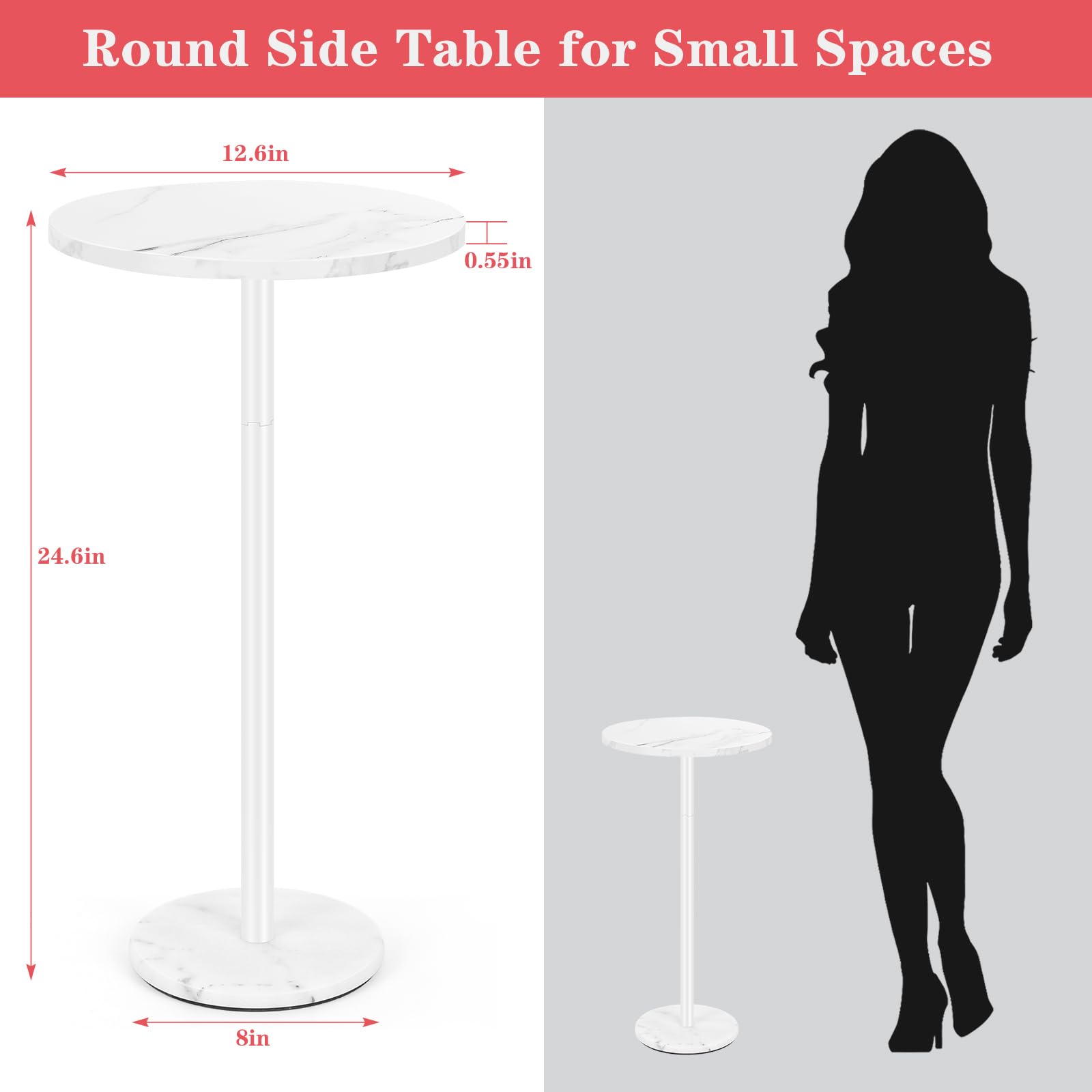 Modern White Round Side Table Set of 2 - Small Accent End Tables with Marble Base for Living Room, Bedroom, Outdoor - Perfect for Drinks, Books & Decor