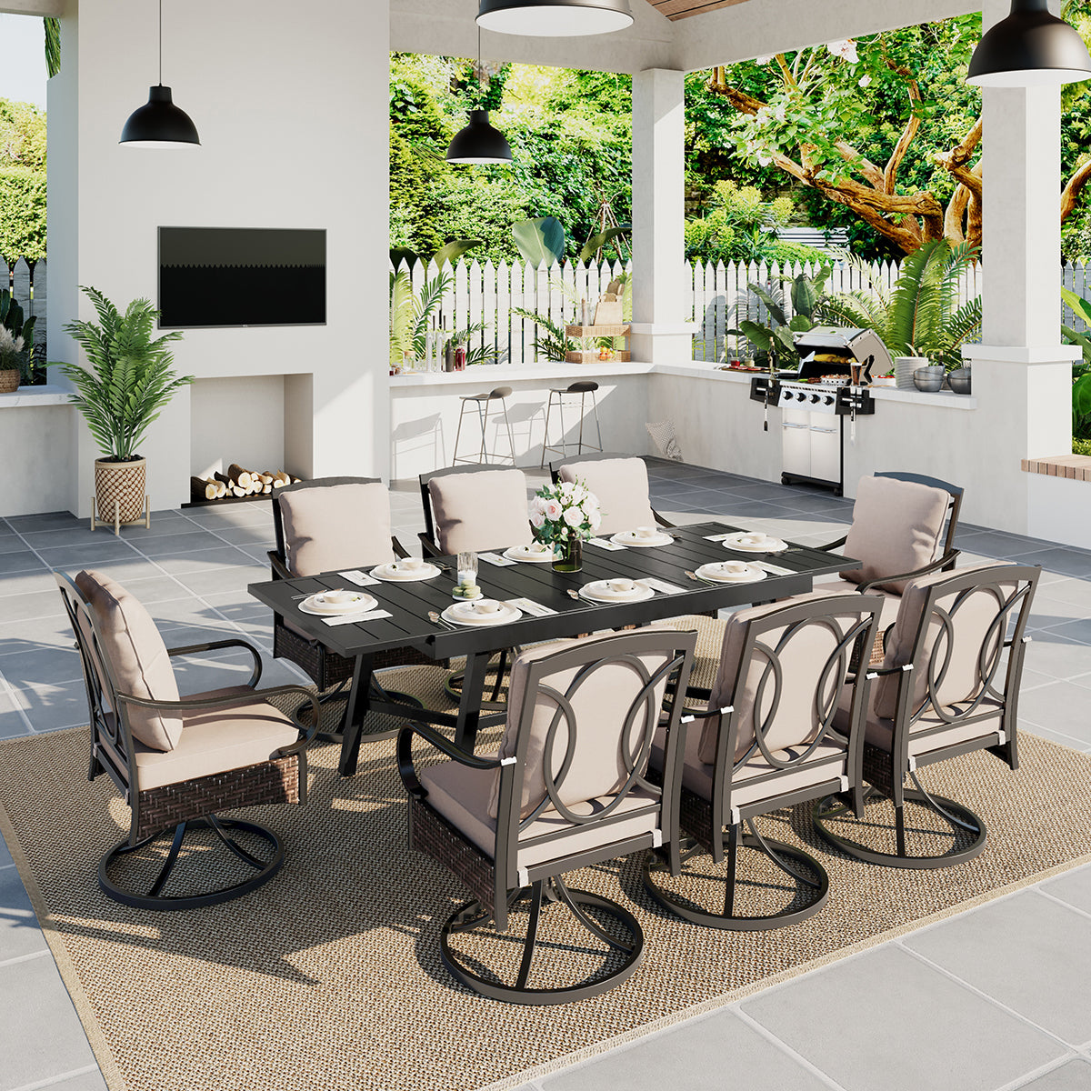 Sophia & William 9/7 Piece Patio Dining Set with Reinforced Extendable Table & Thick Cushion Swivel Chairs - Outdoor Furniture for Garden, Backyard, Poolside Dining