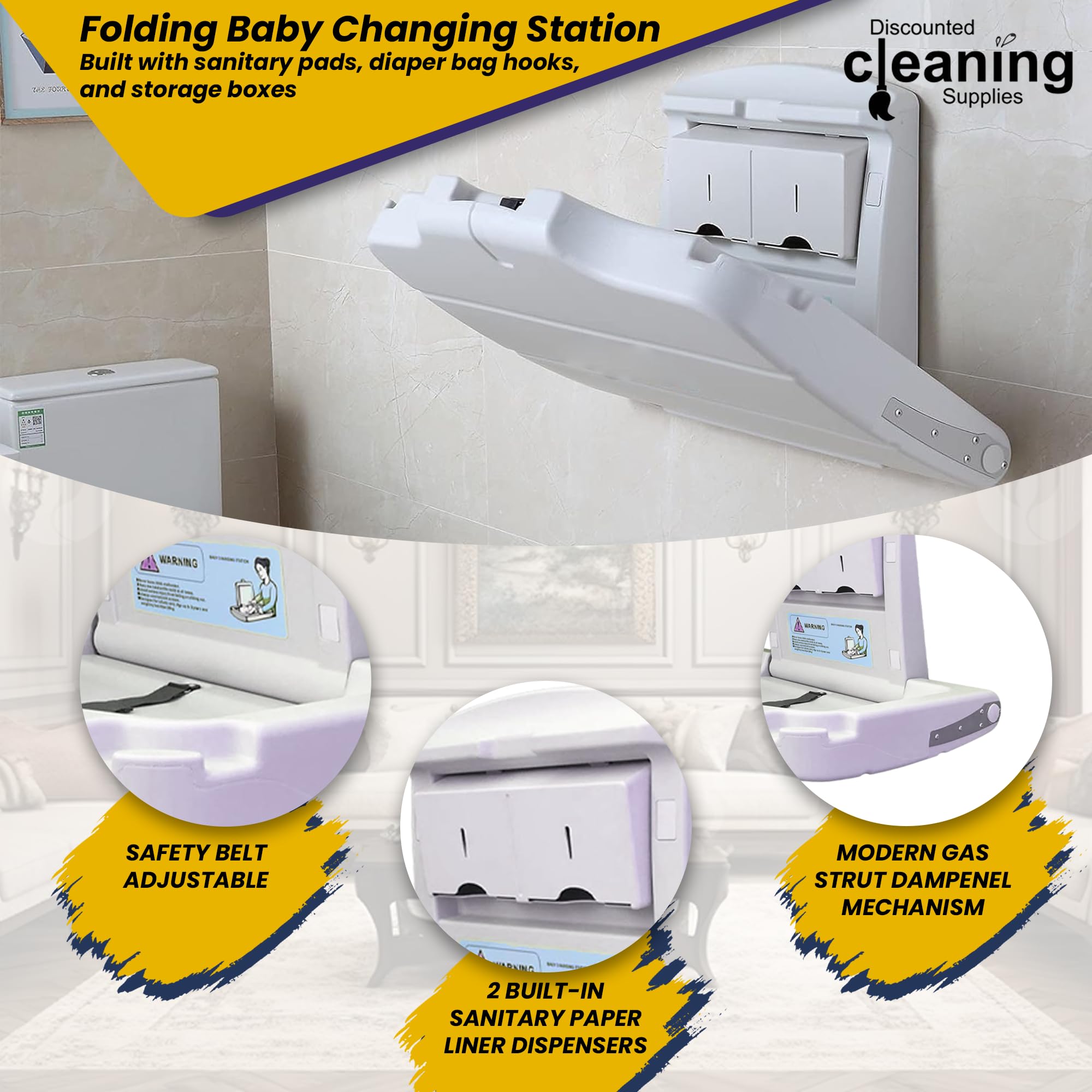 Baby Changing Table - Wall Mounted Folding Changing Station with Adjustable Safety Belts & White Finish | Space-Saving Nursery Solution for Diaper Changes & Baby Care