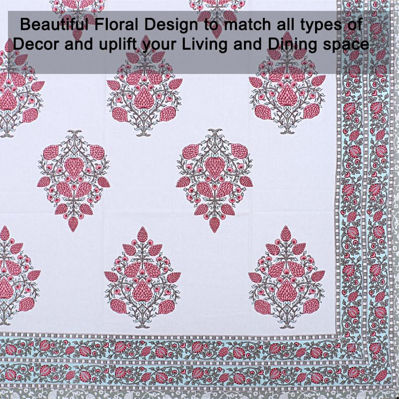 URBANO HOMZ 6 Seater Rectangular Cotton Table Cloth, 145cm x 220cm, Floral Red and Teal Design, Perfect for Dining Tables, Parties, and Outdoor Gatherings