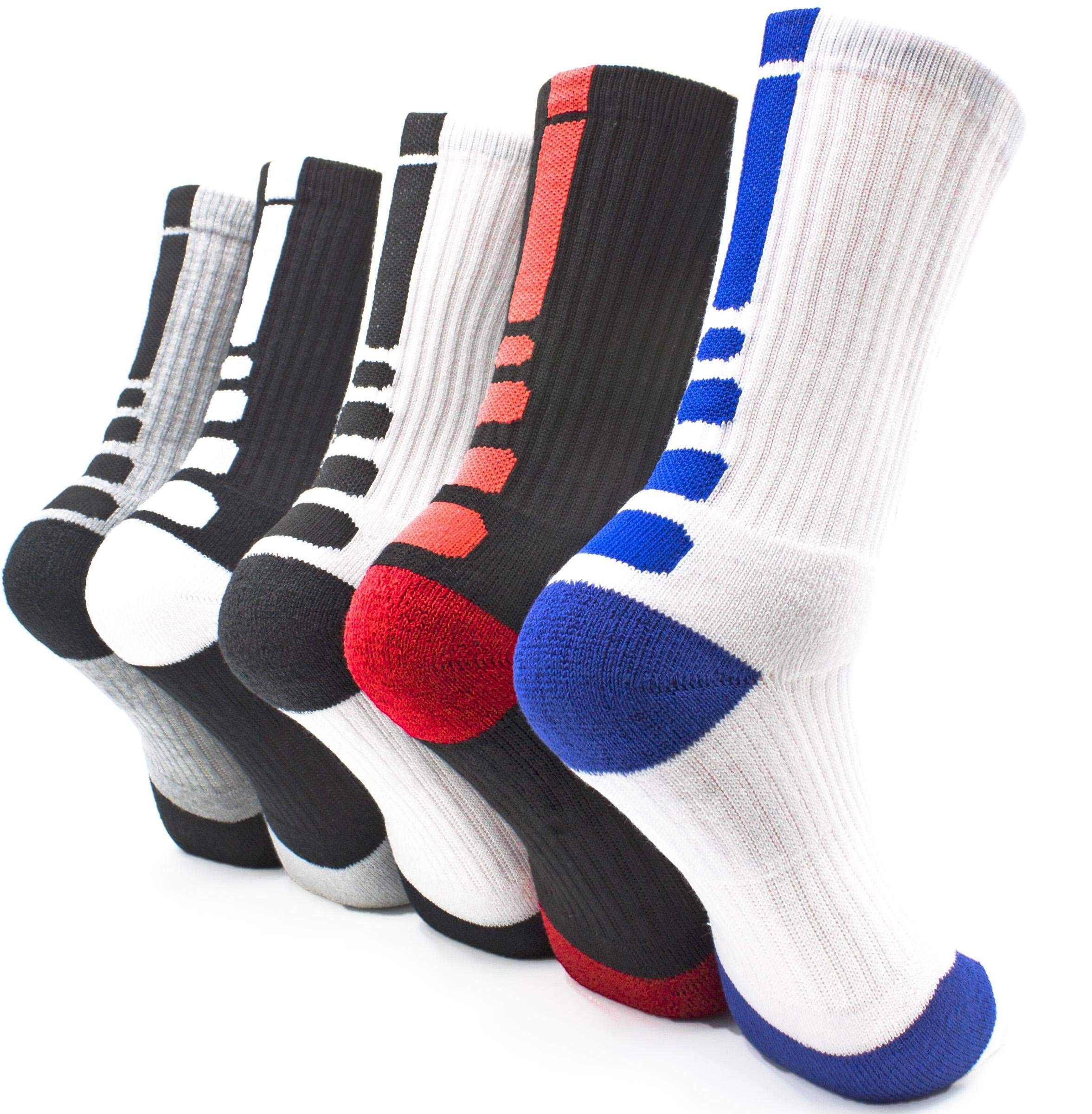 MITVR Basketball Socks - 5 Pack Cushioned Compression Crew Socks for Men, Women & Kids - Breathable Athletic Sports Socks for Basketball, Running, Gym & Workout